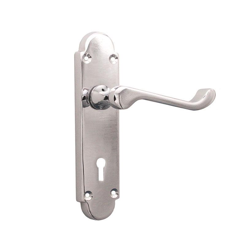 Oakley Lock Lever Handle Polished Chrome-Levers on Backplate-Yester Home