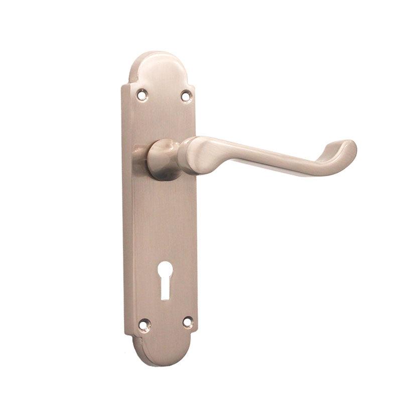 Oakley Lock Lever Handle Satin Nickel-Levers on Backplate-Yester Home