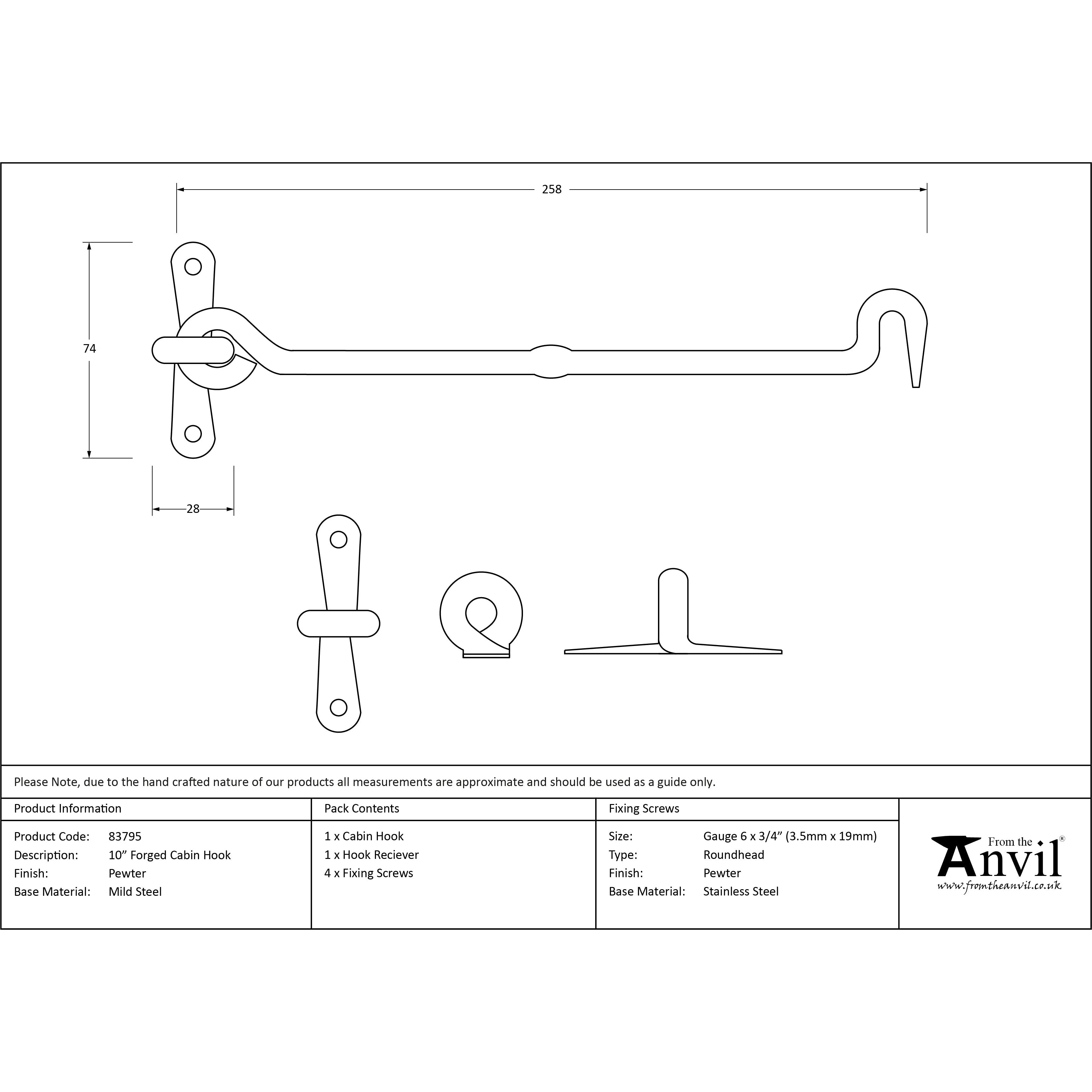 Pewter 10" Forged Cabin Hook | From The Anvil-Cabin Hooks-Yester Home