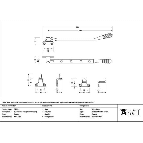 Pewter 10" Reeded Stay (Steel Window) - Stays - From The Anvil - Yester Home