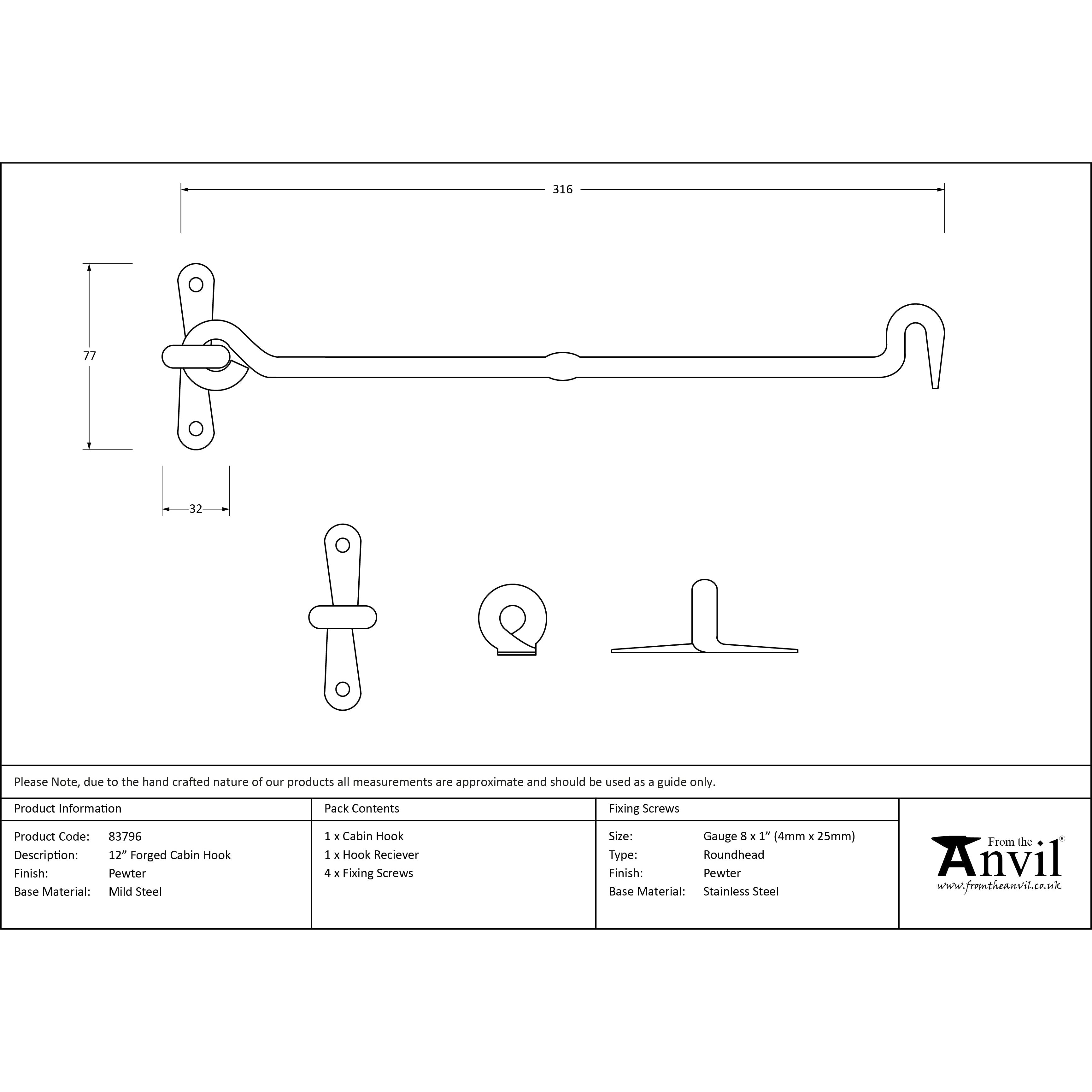 Pewter 12" Forged Cabin Hook | From The Anvil-Cabin Hooks-Yester Home