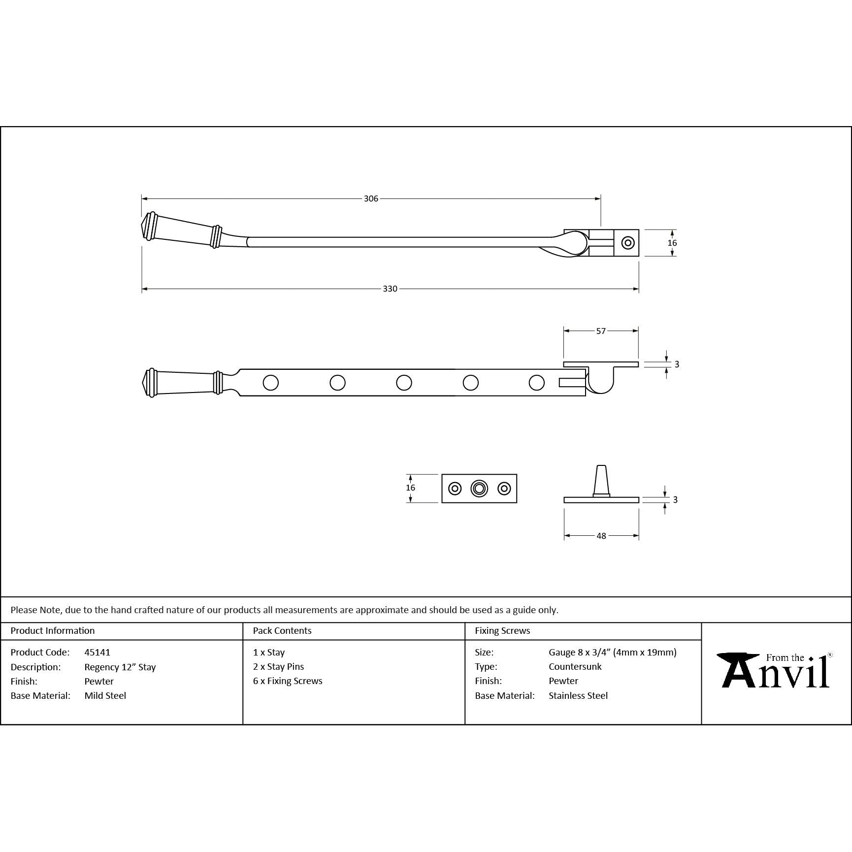 Pewter 12" Regency Stay | From The Anvil - Stays - From The Anvil - Yester Home