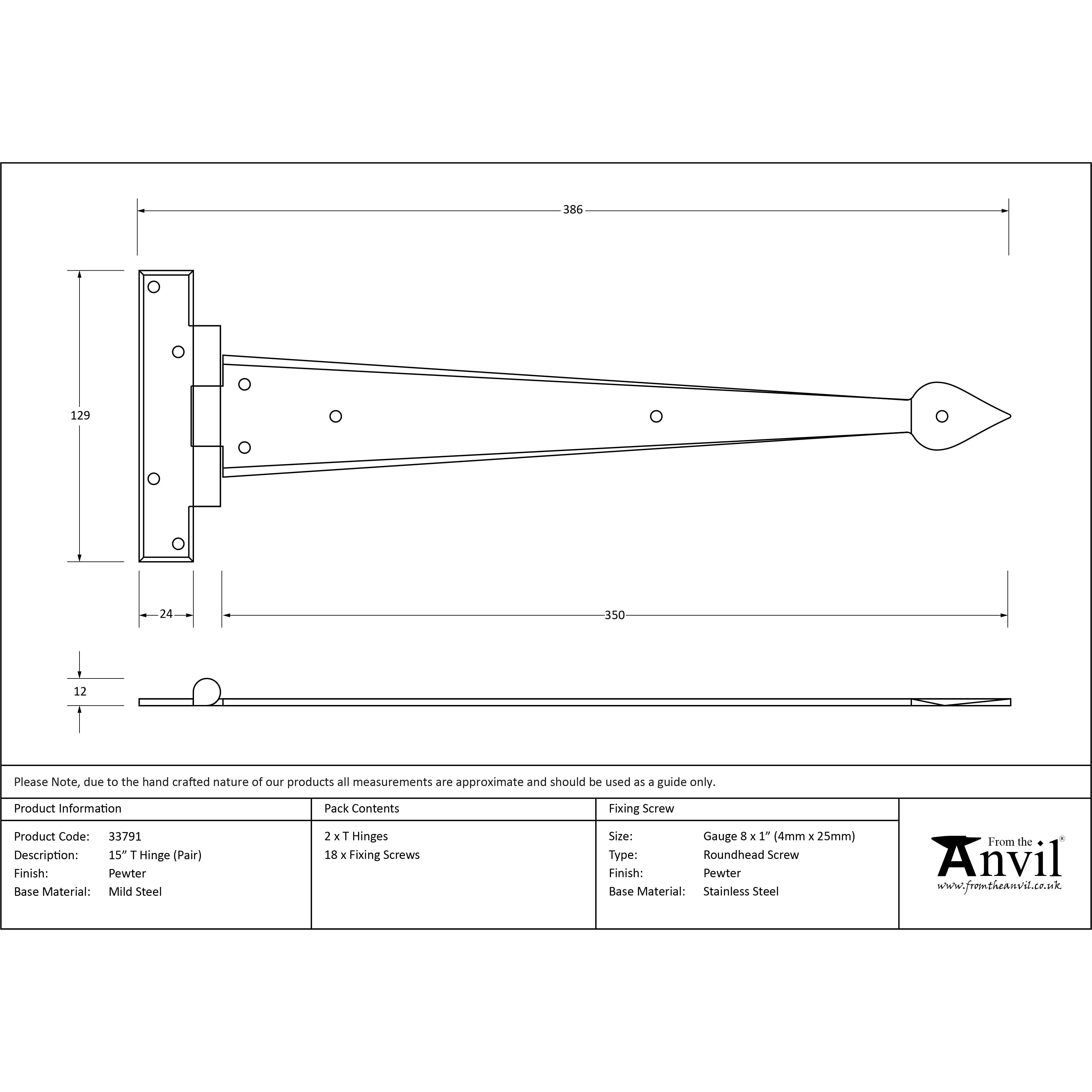 Pewter 15" Arrow Head T Hinge (pair) | From The Anvil-T Hinges-Yester Home