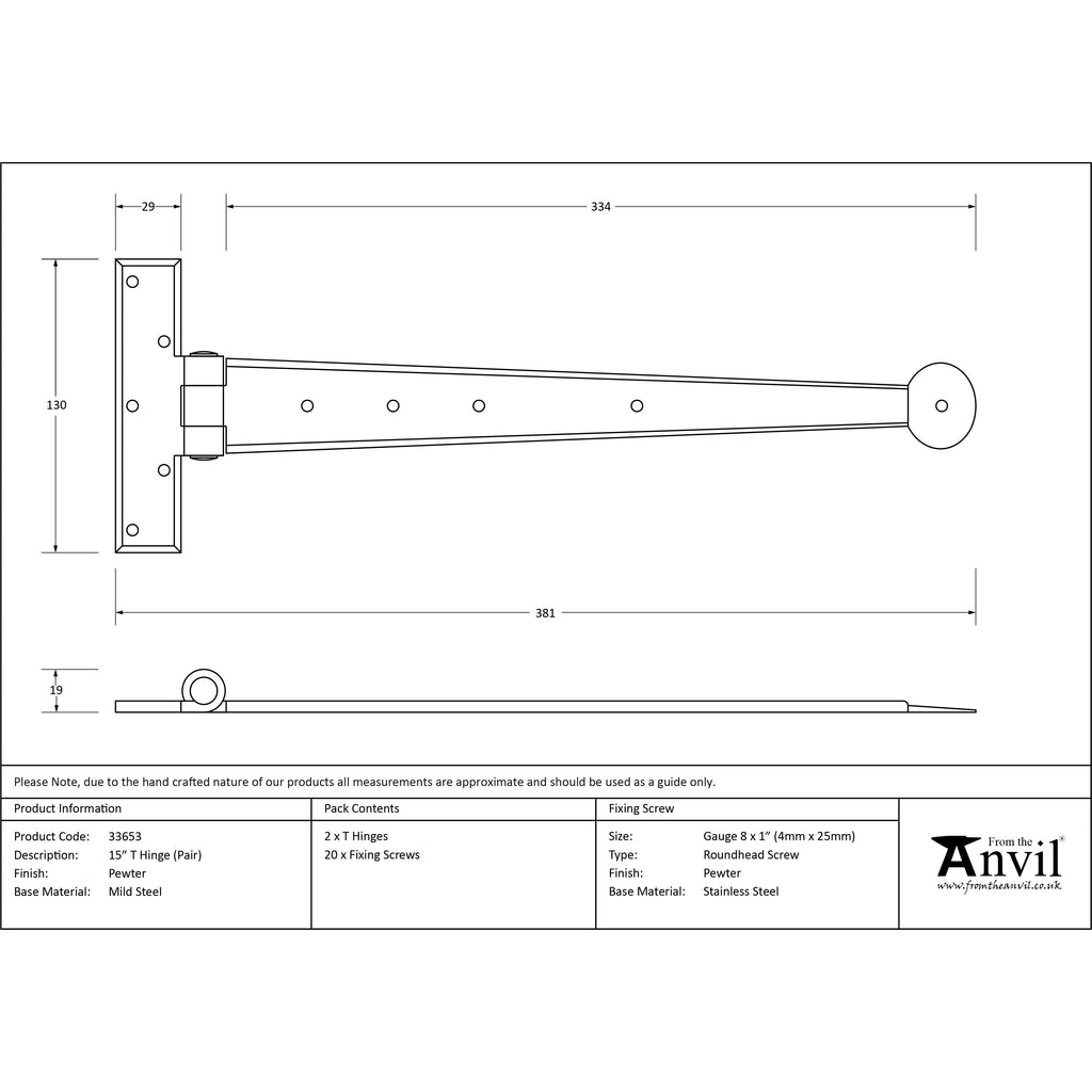 Pewter 15" Penny End T Hinge (pair) | From The Anvil