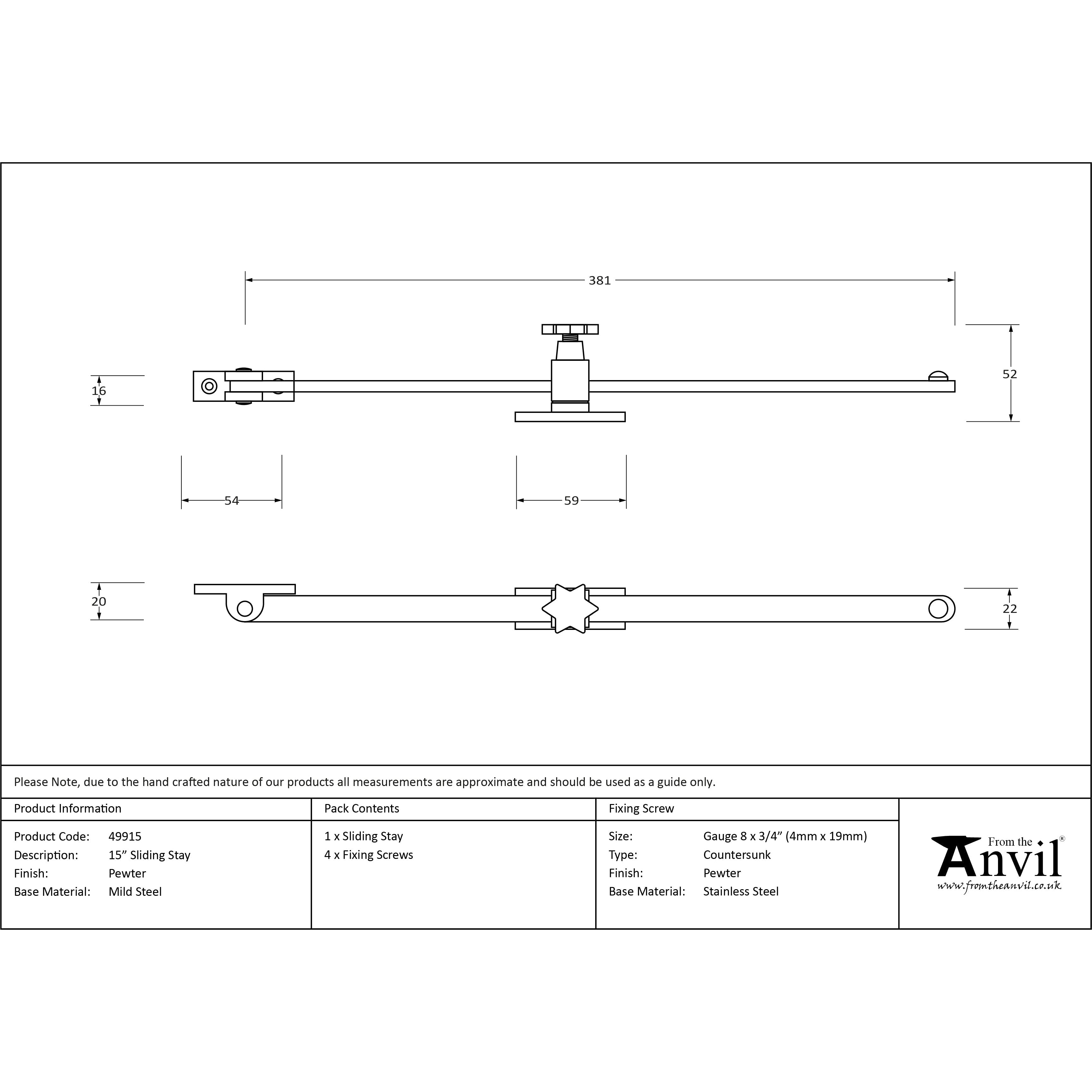 Pewter 15" Sliding Stay | From The Anvil-Stays-Yester Home
