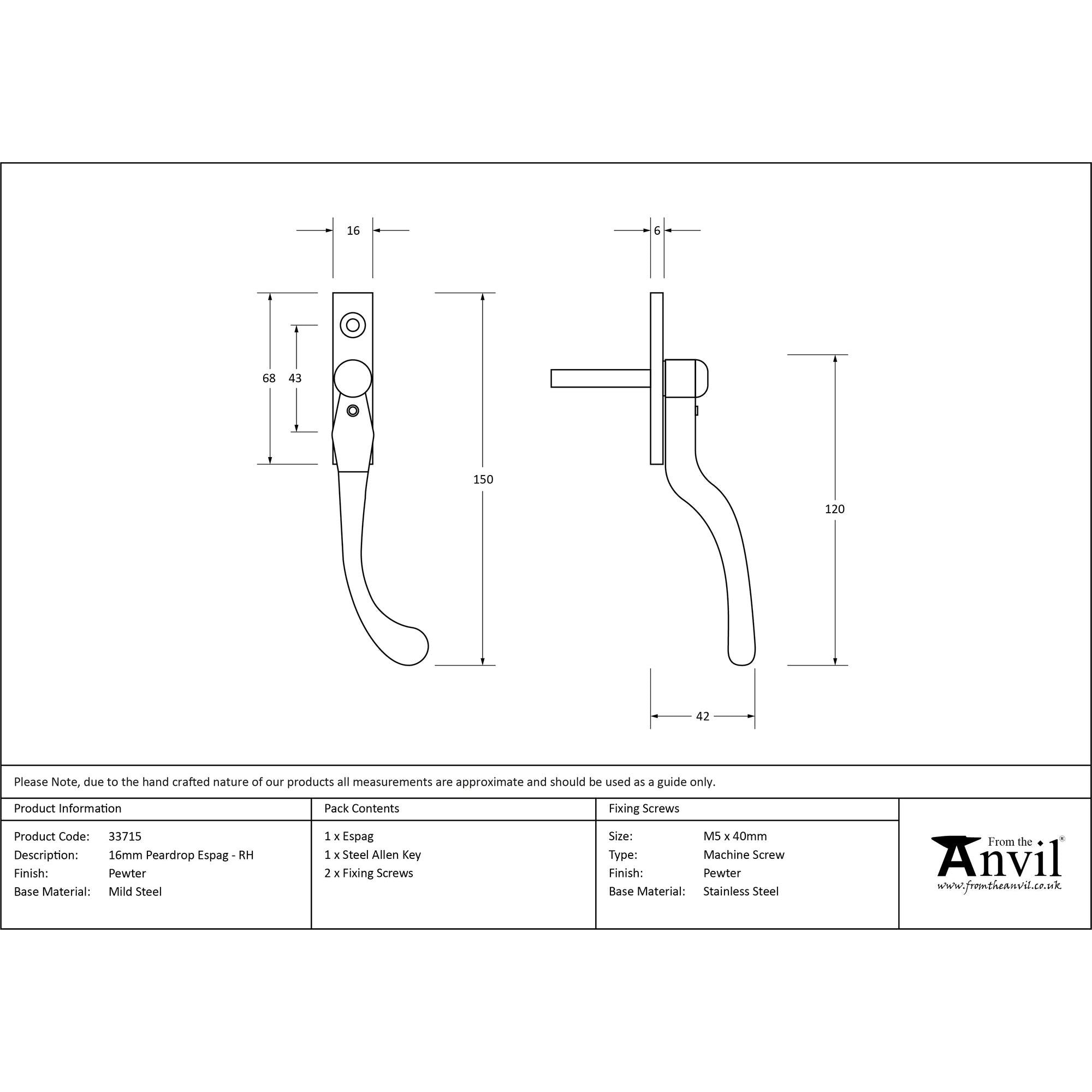 Pewter 16mm Peardrop Espag - RH | From The Anvil - Espag. Fasteners - From The Anvil - Yester Home