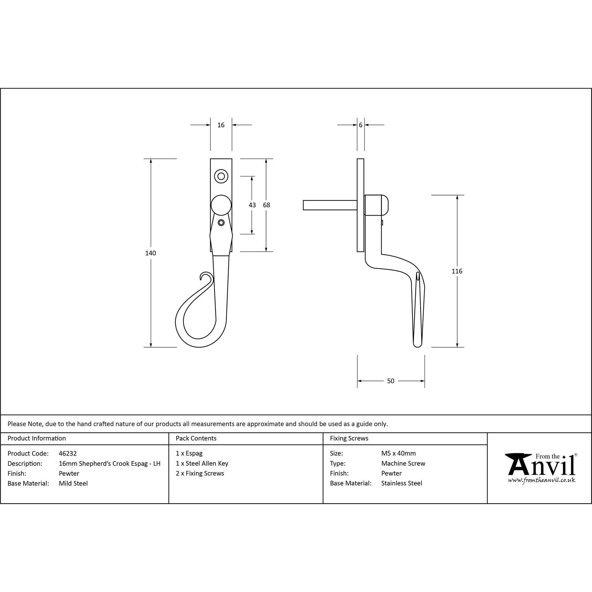 Pewter 16mm Shepherd's Crook Espag - LH | From The Anvil - Espag. Fasteners - From The Anvil - Yester Home