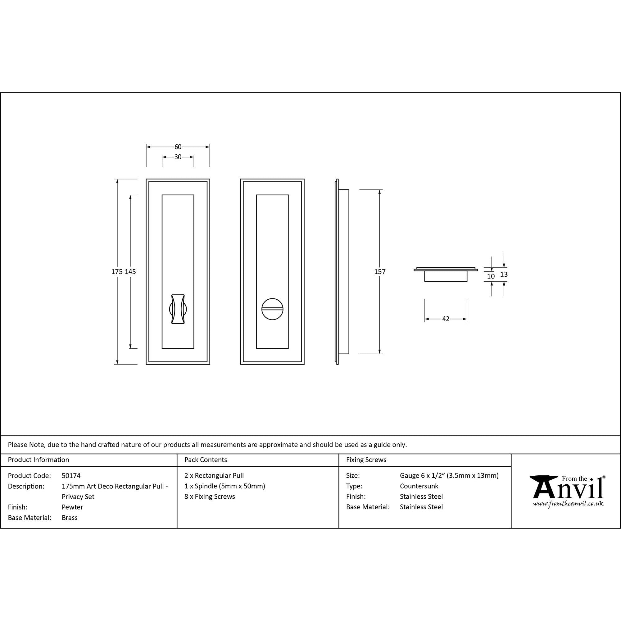 Pewter 175mm Art Deco Rectangular Pull - Privacy Set | From The Anvil - Cabinet Pulls - From The Anvil - Yester Home