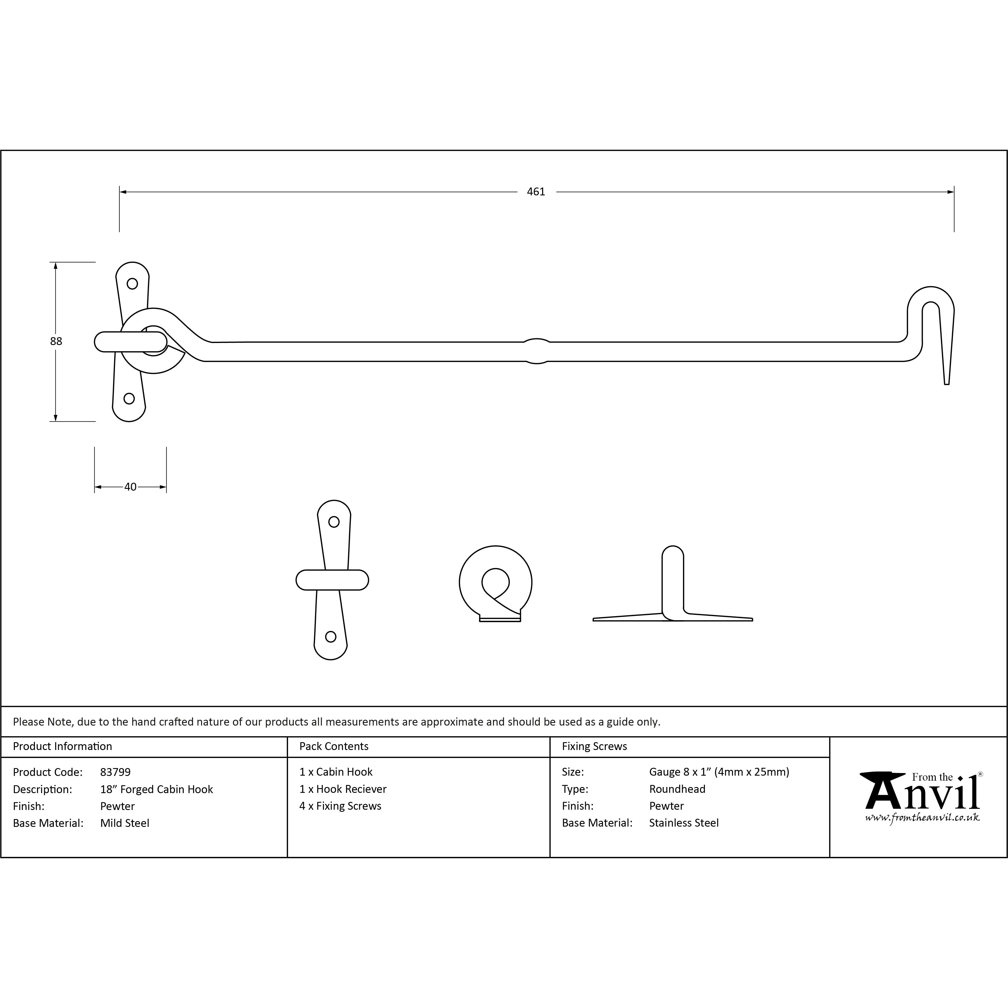 Pewter 18" Forged Cabin Hook | From The Anvil-Cabin Hooks-Yester Home
