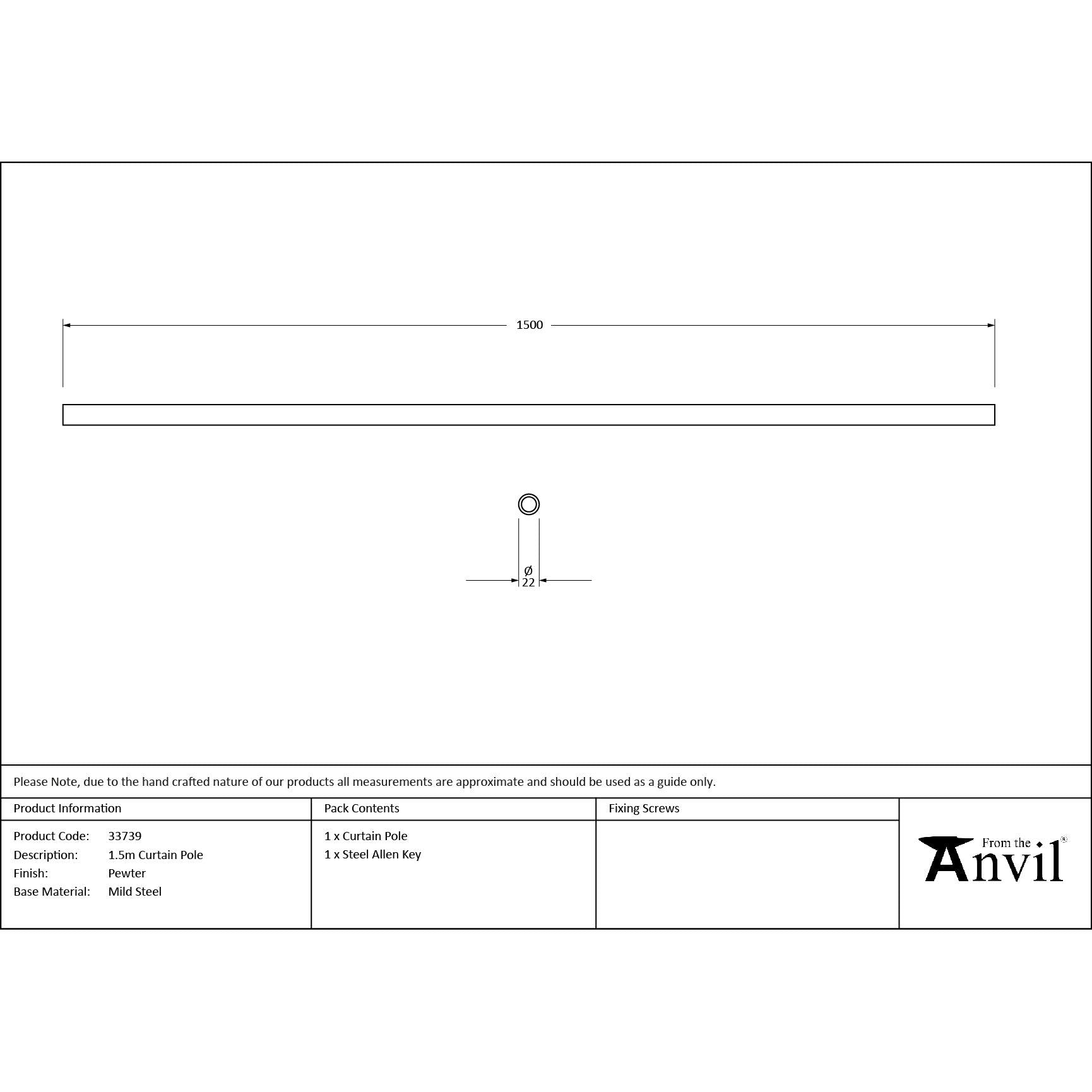Pewter 1.5m Curtain Pole | From The Anvil - Poles - From The Anvil - Yester Home