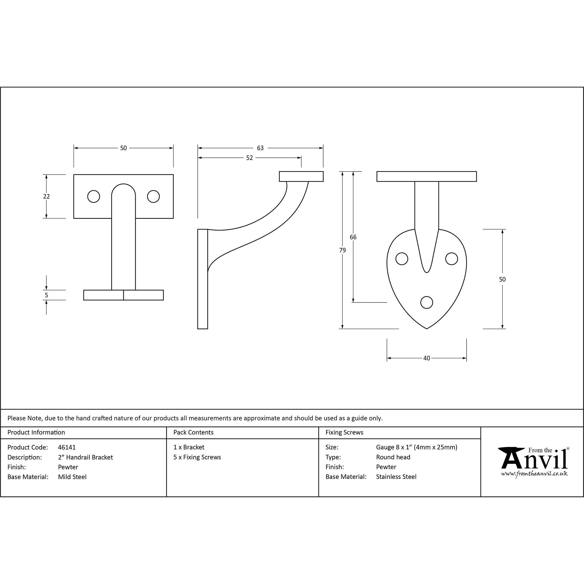 Pewter 2" Handrail Bracket | From The Anvil - Handrail Brackets - From The Anvil - Yester Home