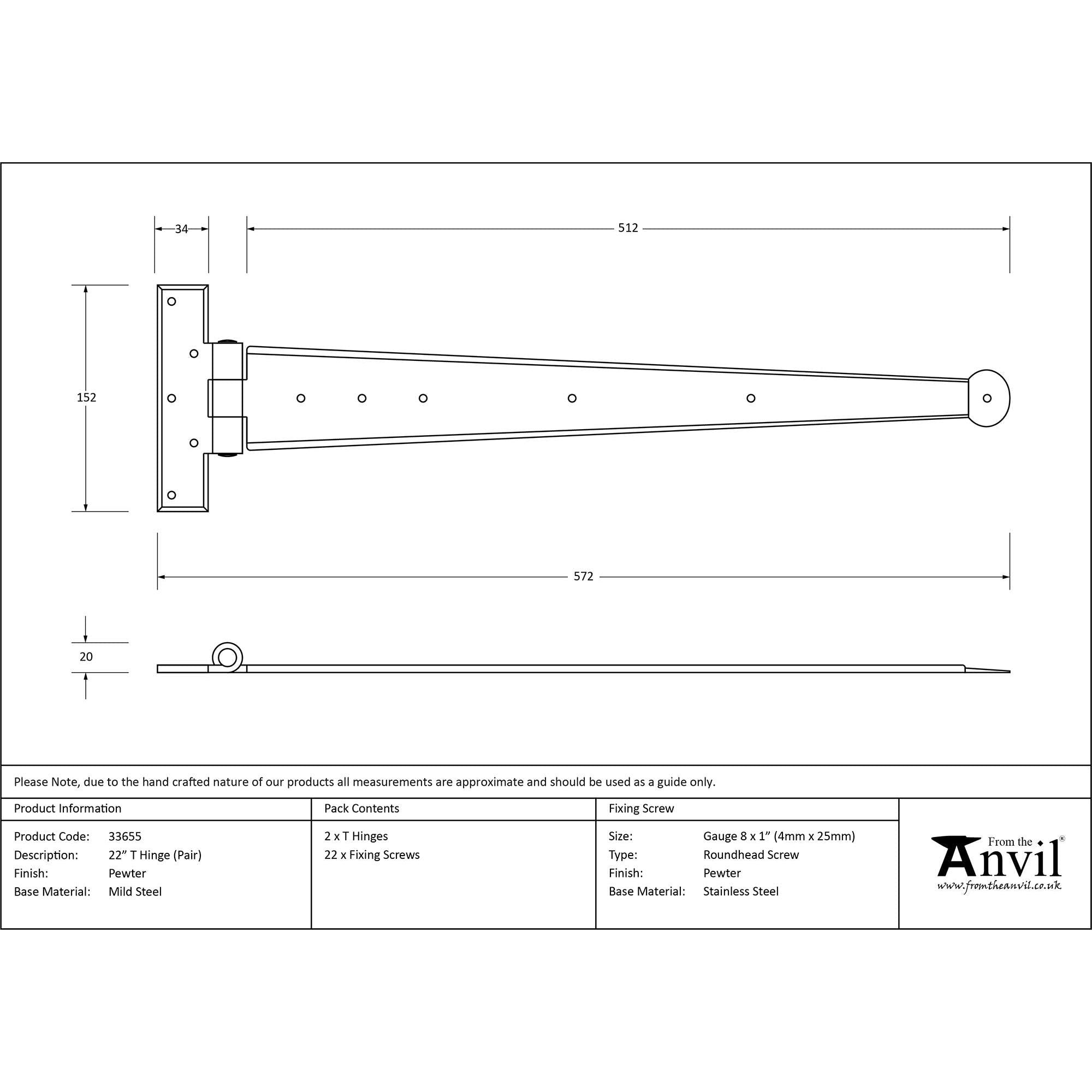 Pewter 22" Penny End T Hinge (pair) | From The Anvil - T Hinges - From The Anvil - Yester Home