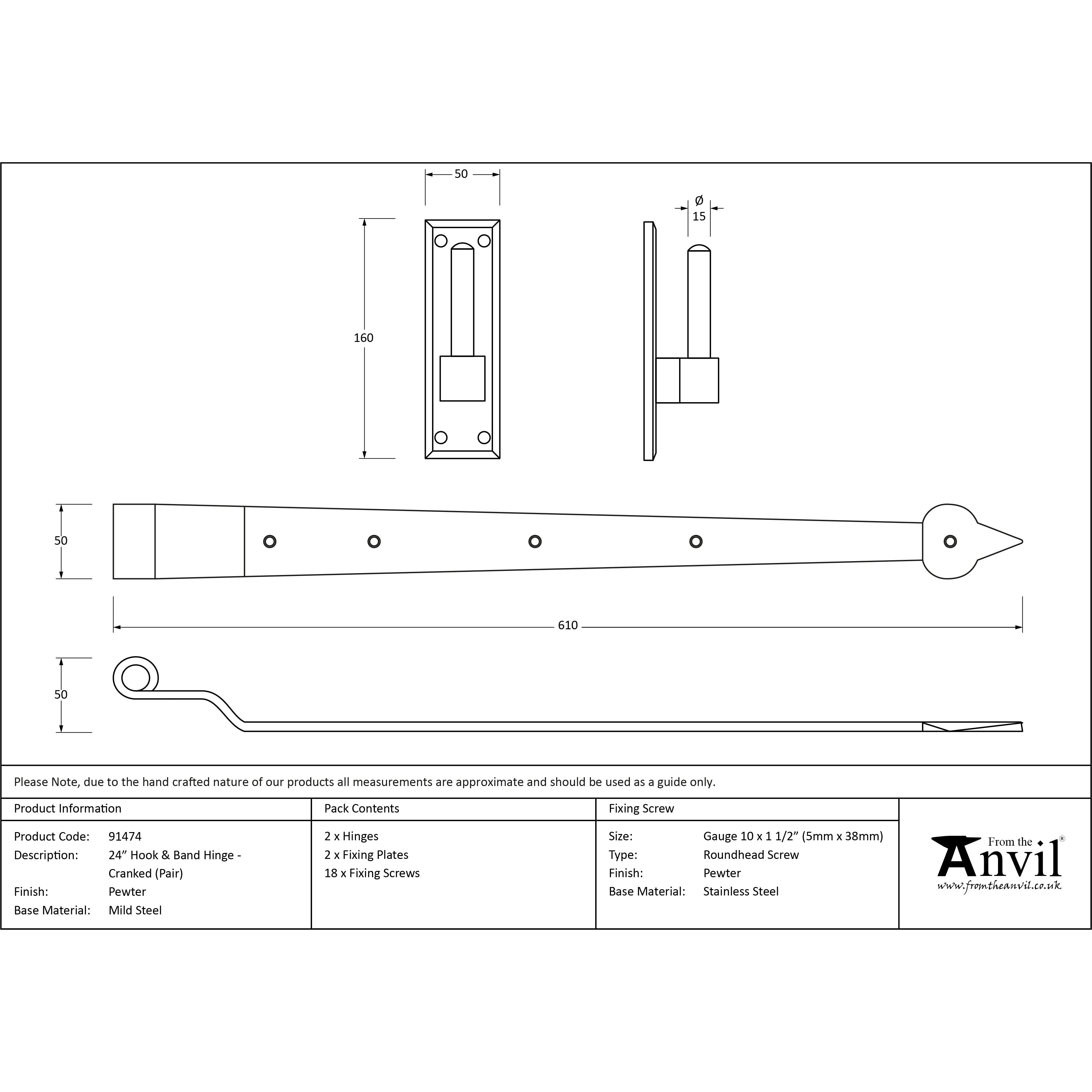 Pewter 24" Hook & Band Hinge - Cranked (pair) | From The Anvil-Hook & Band Hinges-Yester Home