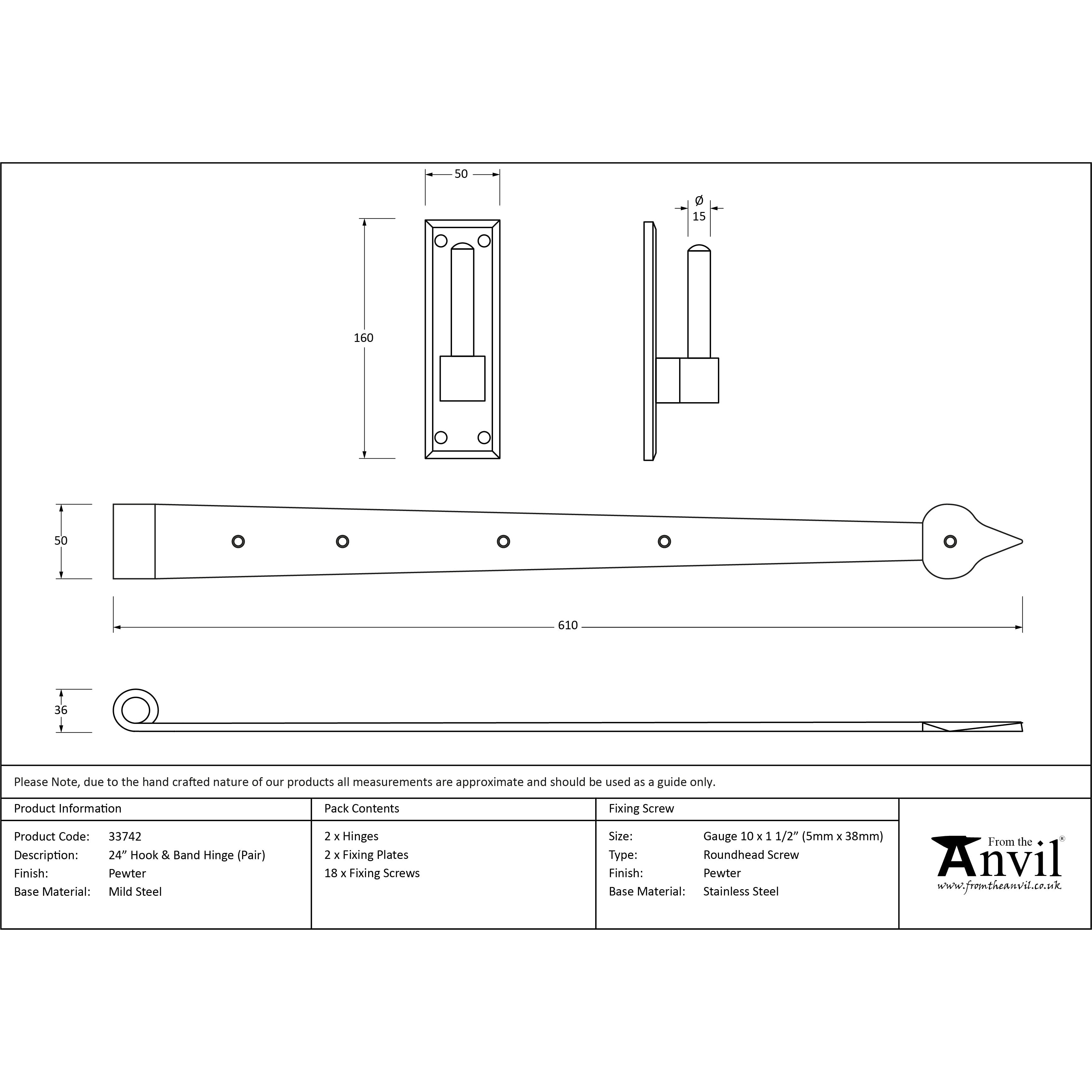 Pewter 24" Hook & Band Hinge (pair) | From The Anvil-Hook & Band Hinges-Yester Home
