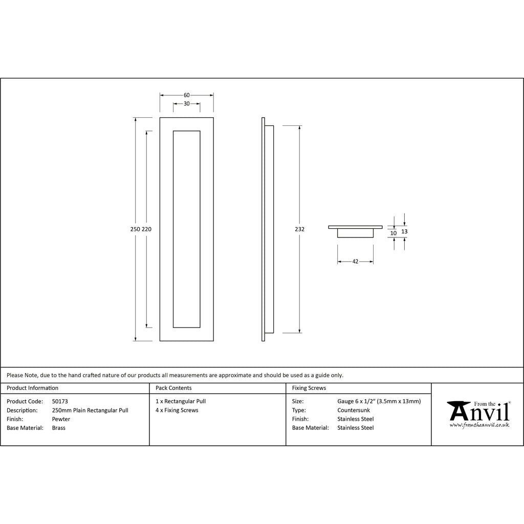 Pewter 250mm Plain Rectangular Pull | From The Anvil-Cabinet Pulls-Yester Home