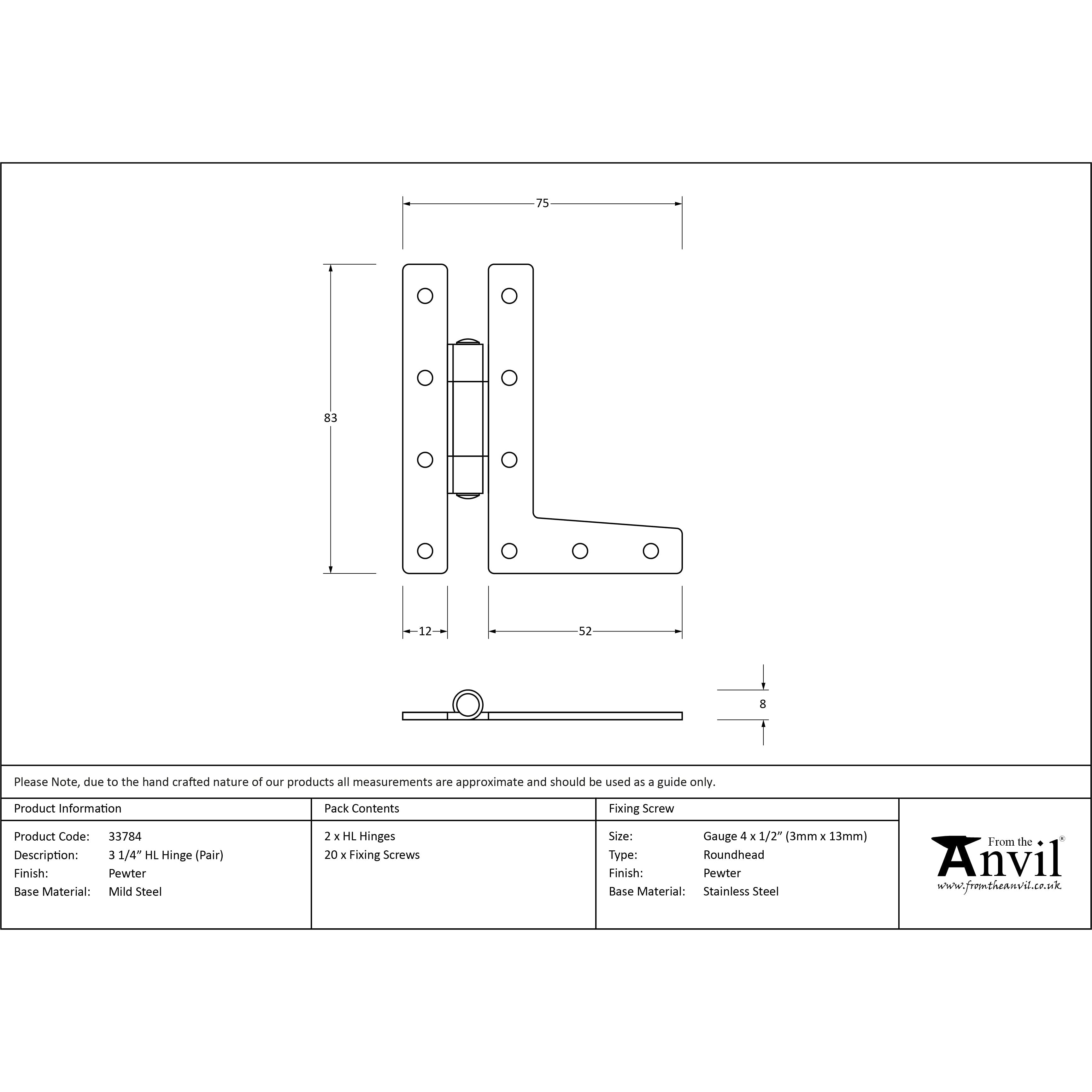 Pewter 3¼" HL Hinge (pair) | From The Anvil-H & HL Hinges-Yester Home