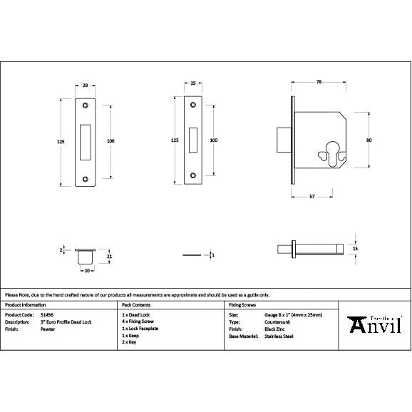Pewter 3" Euro Profile Dead Lock - Deadlocks & Deadbolts - From The Anvil - Yester Home