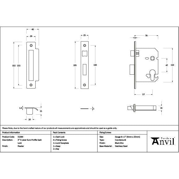 Pewter 3" Euro Profile Sash Lock - Euro Locks - From The Anvil - Yester Home