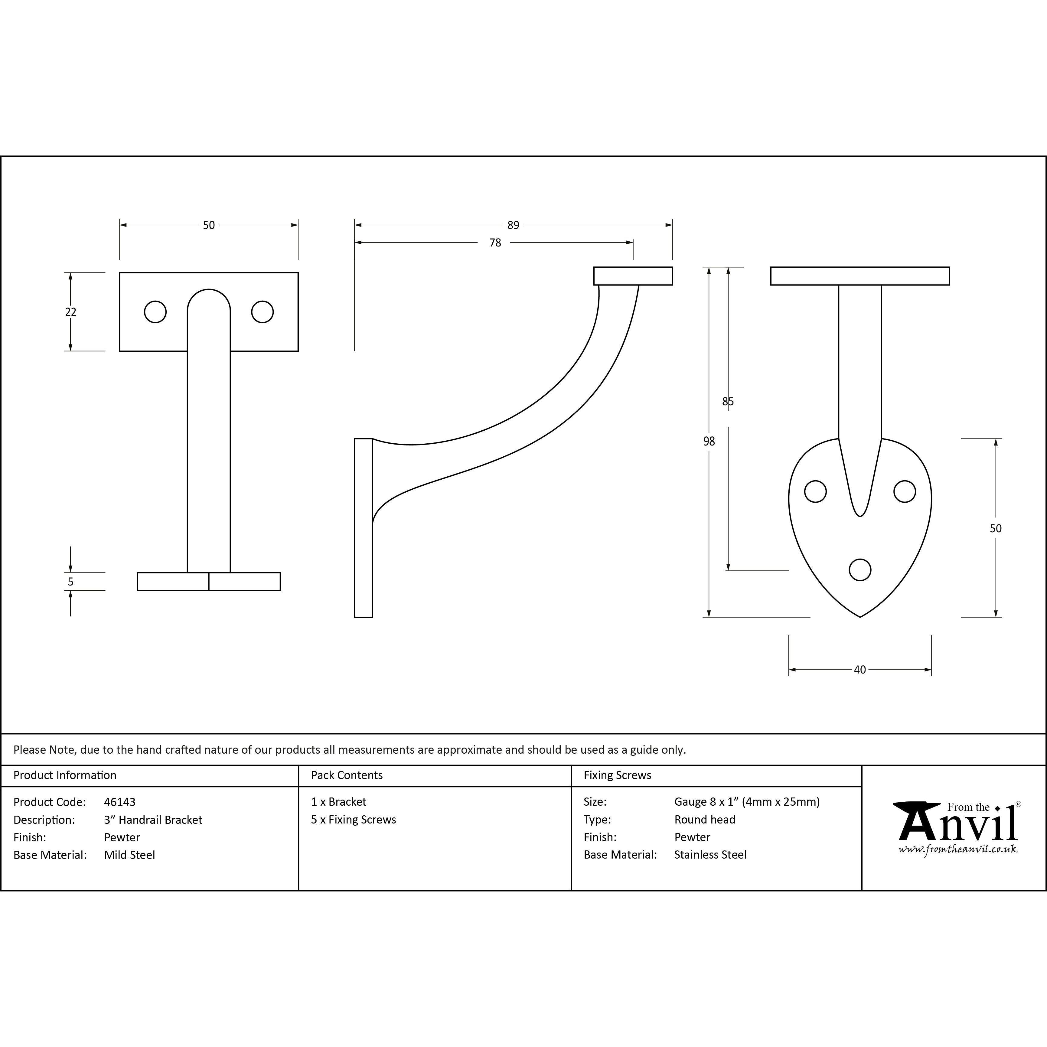 Pewter 3" Handrail Bracket | From The Anvil-Handrail Brackets-Yester Home