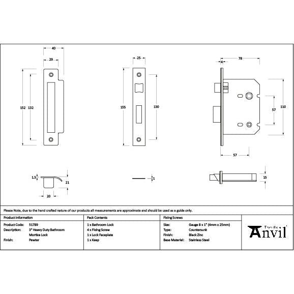 Pewter 3" Heavy Duty Bathroom Mortice Lock - Bathroom Locks - From The Anvil - Yester Home