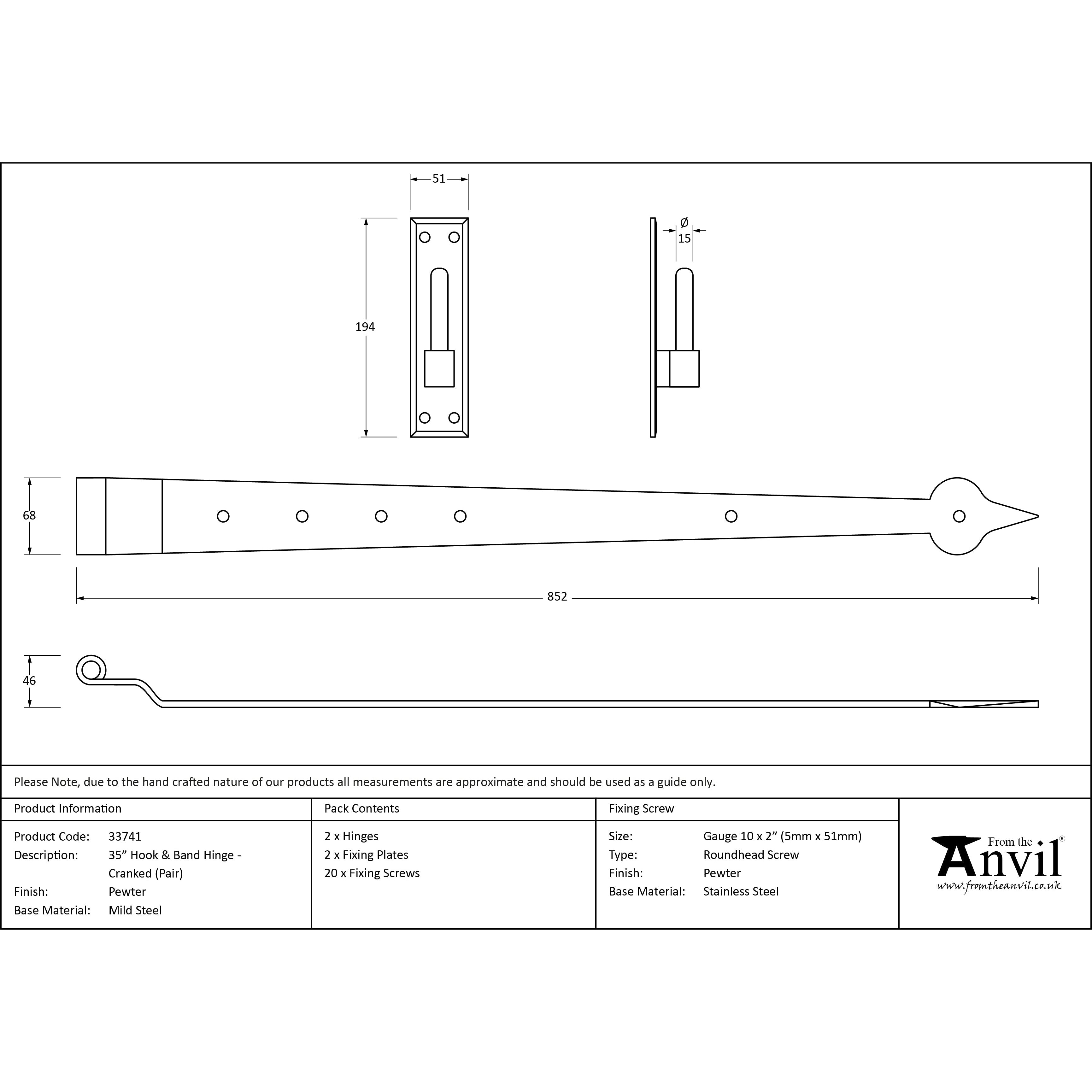 Pewter 35" Hook & Band Hinge - Cranked (pair) | From The Anvil-Hook & Band Hinges-Yester Home