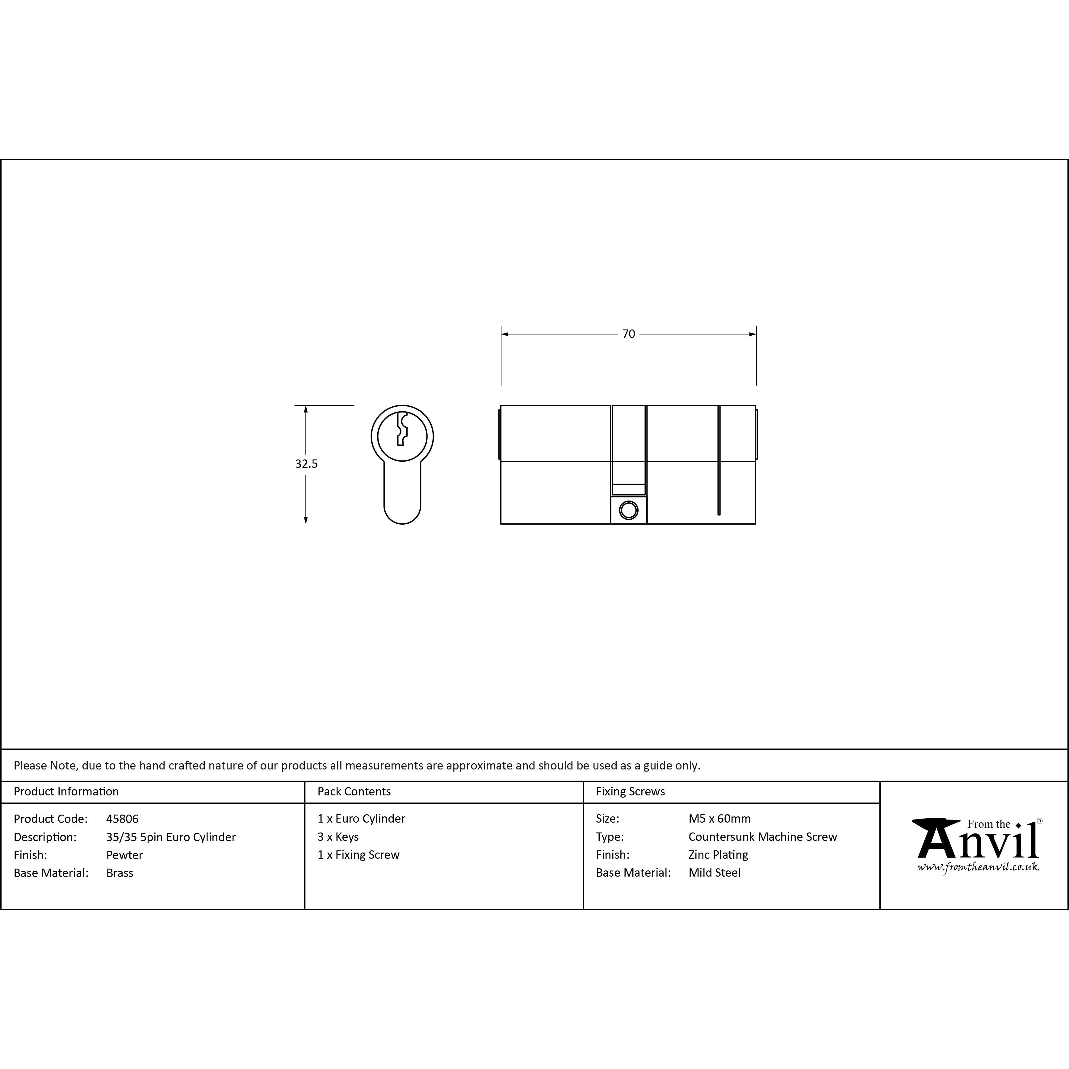 Pewter 35/35 5pin Euro Cylinder | From The Anvil - Euro Cylinders - From The Anvil - Yester Home
