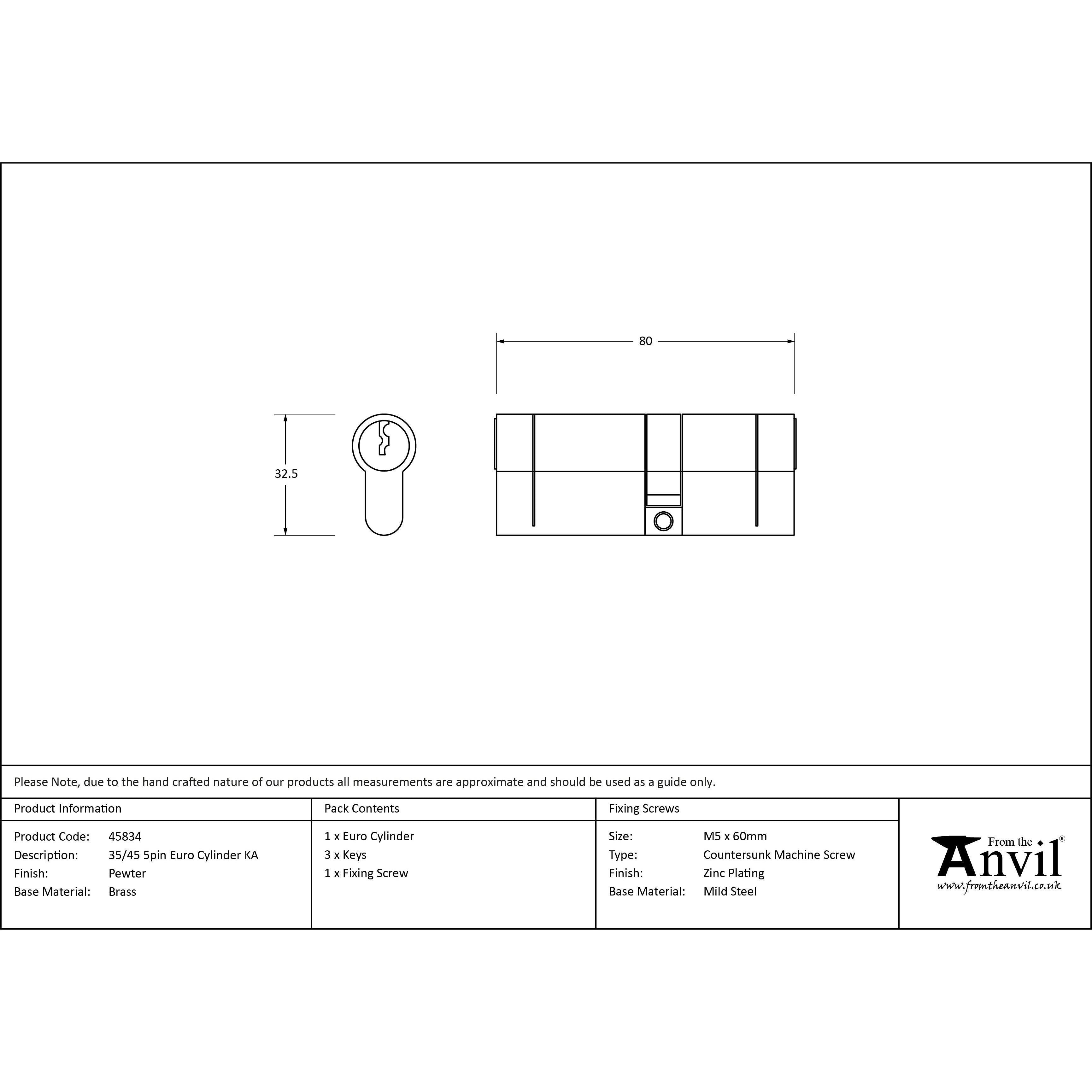 Pewter 35/45 5pin Euro Cylinder KA | From The Anvil - Euro Cylinders - From The Anvil - Yester Home