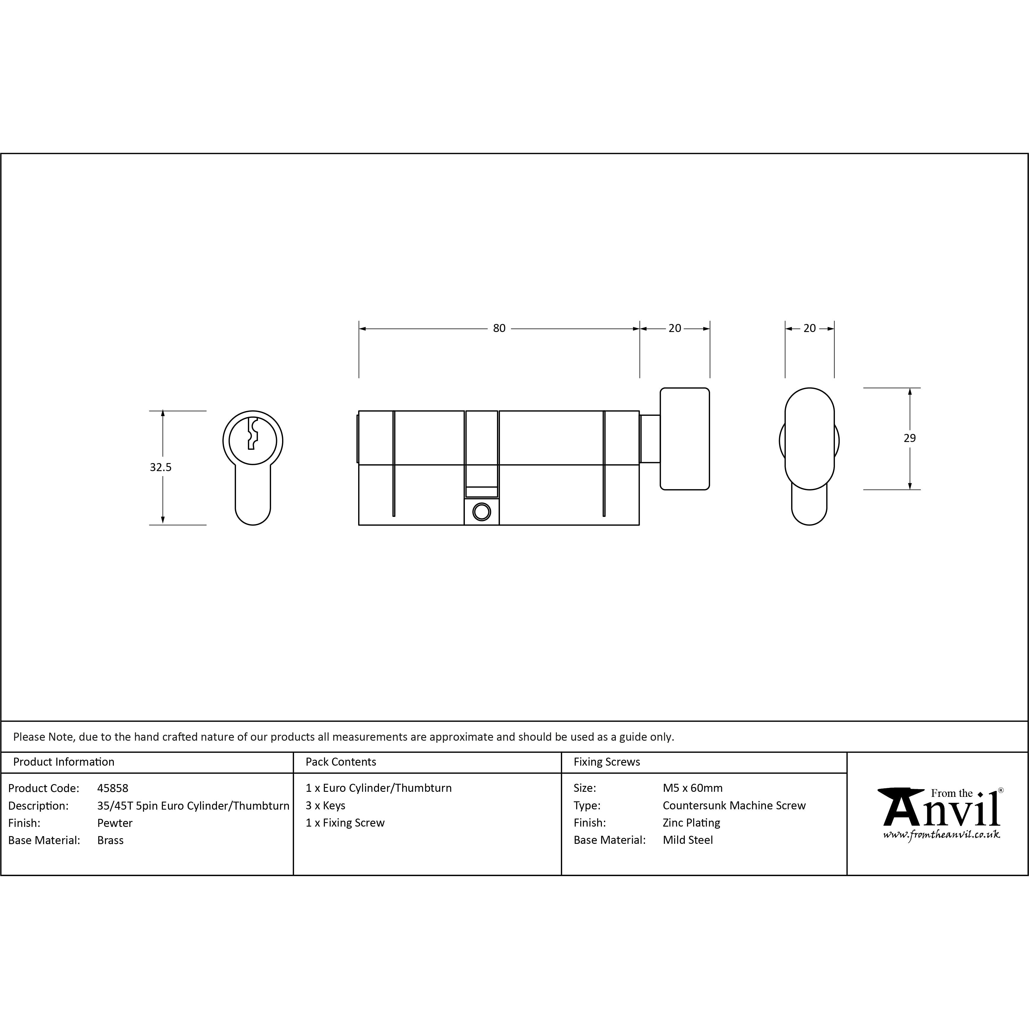 Pewter 35/45T 5pin Euro Cylinder/Thumbturn | From The Anvil-Euro Cylinders-Yester Home