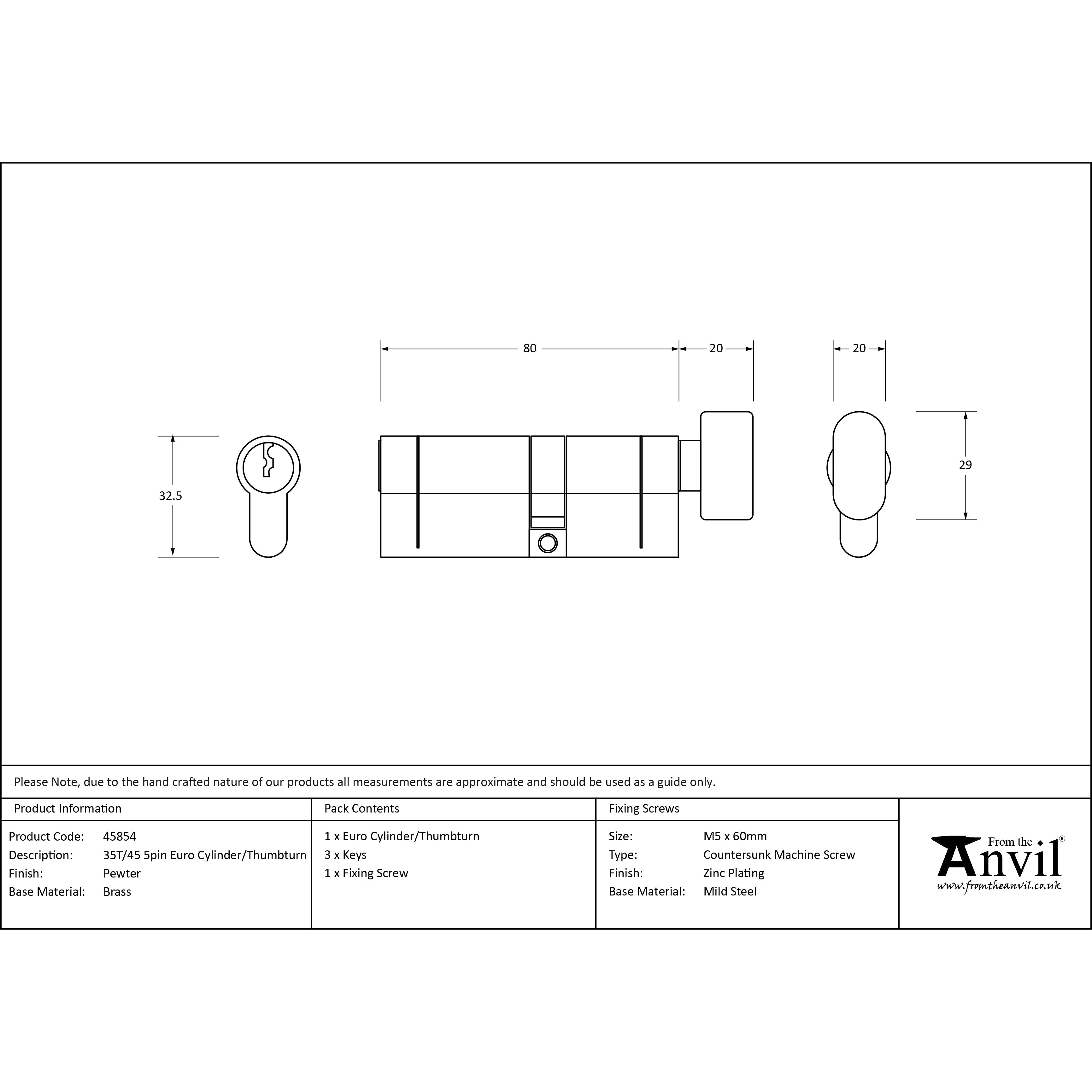 Pewter 35T/45 5pin Euro Cylinder/Thumbturn | From The Anvil-Euro Cylinders-Yester Home