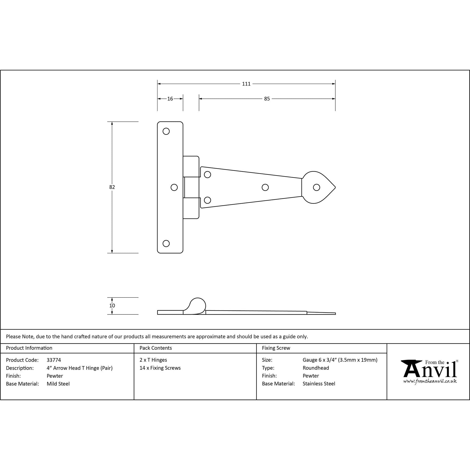 Pewter 4" Arrow Head T Hinge (pair) | From The Anvil - T Hinges - From The Anvil - Yester Home