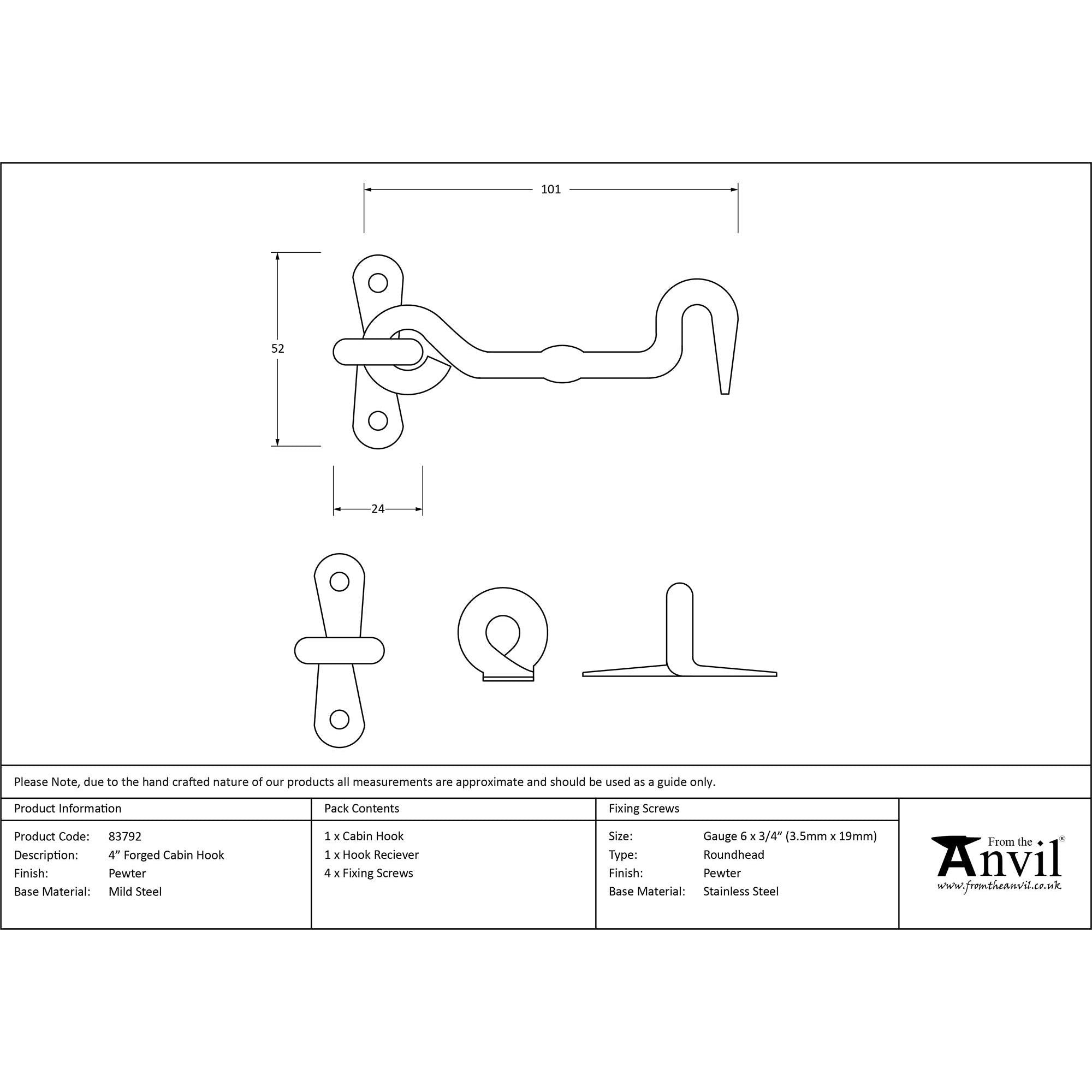 Pewter 4" Forged Cabin Hook | From The Anvil - Cabin Hooks - From The Anvil - Yester Home