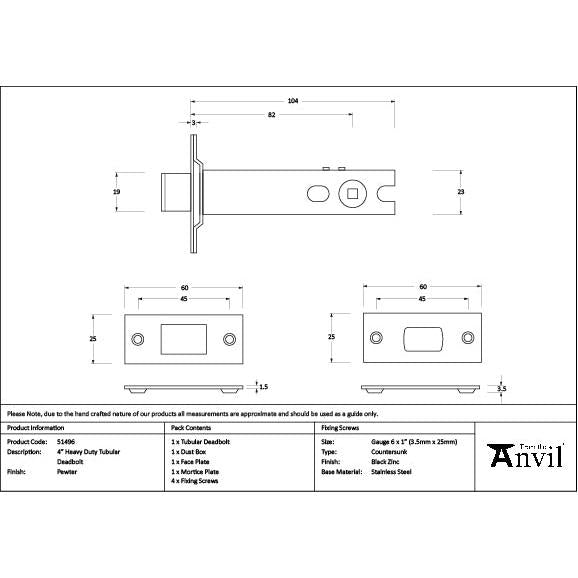 Pewter 4" Heavy Duty Tubular Deadbolt - Deadlocks & Deadbolts - From The Anvil - Yester Home