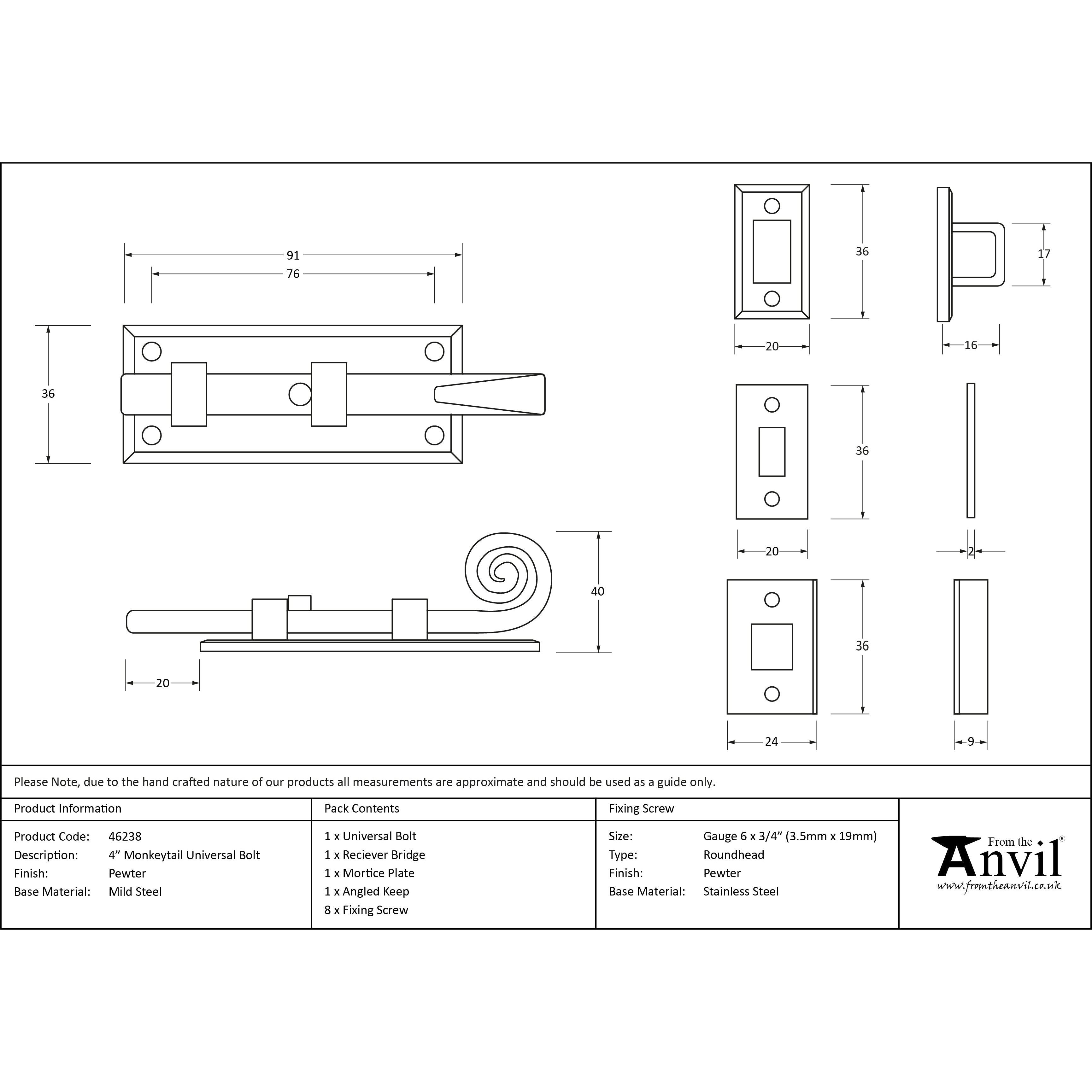 Pewter 4" Monkeytail Universal Bolt | From The Anvil-Bolts-Yester Home