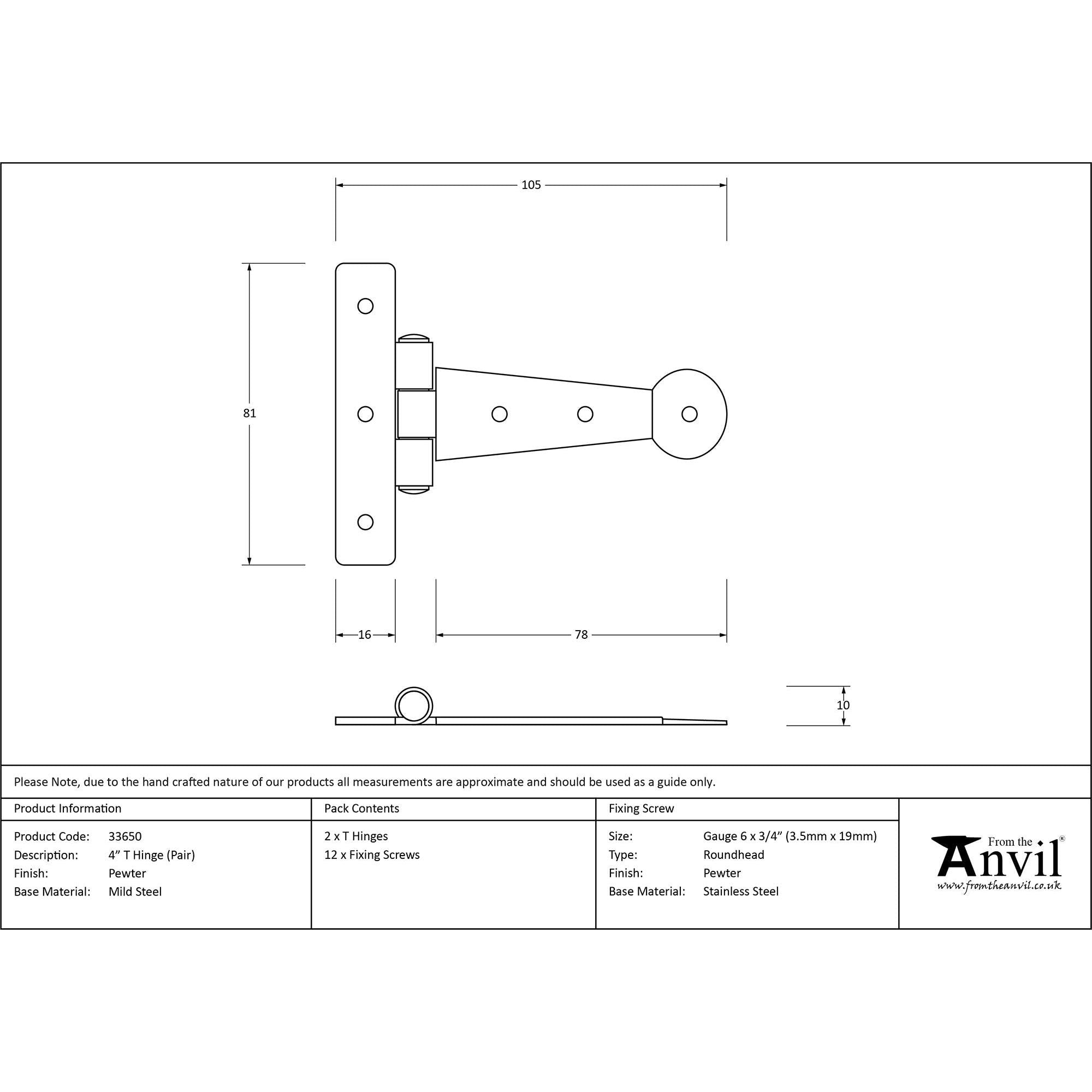 Pewter 4" Penny End T Hinge (pair) | From The Anvil - T Hinges - From The Anvil - Yester Home