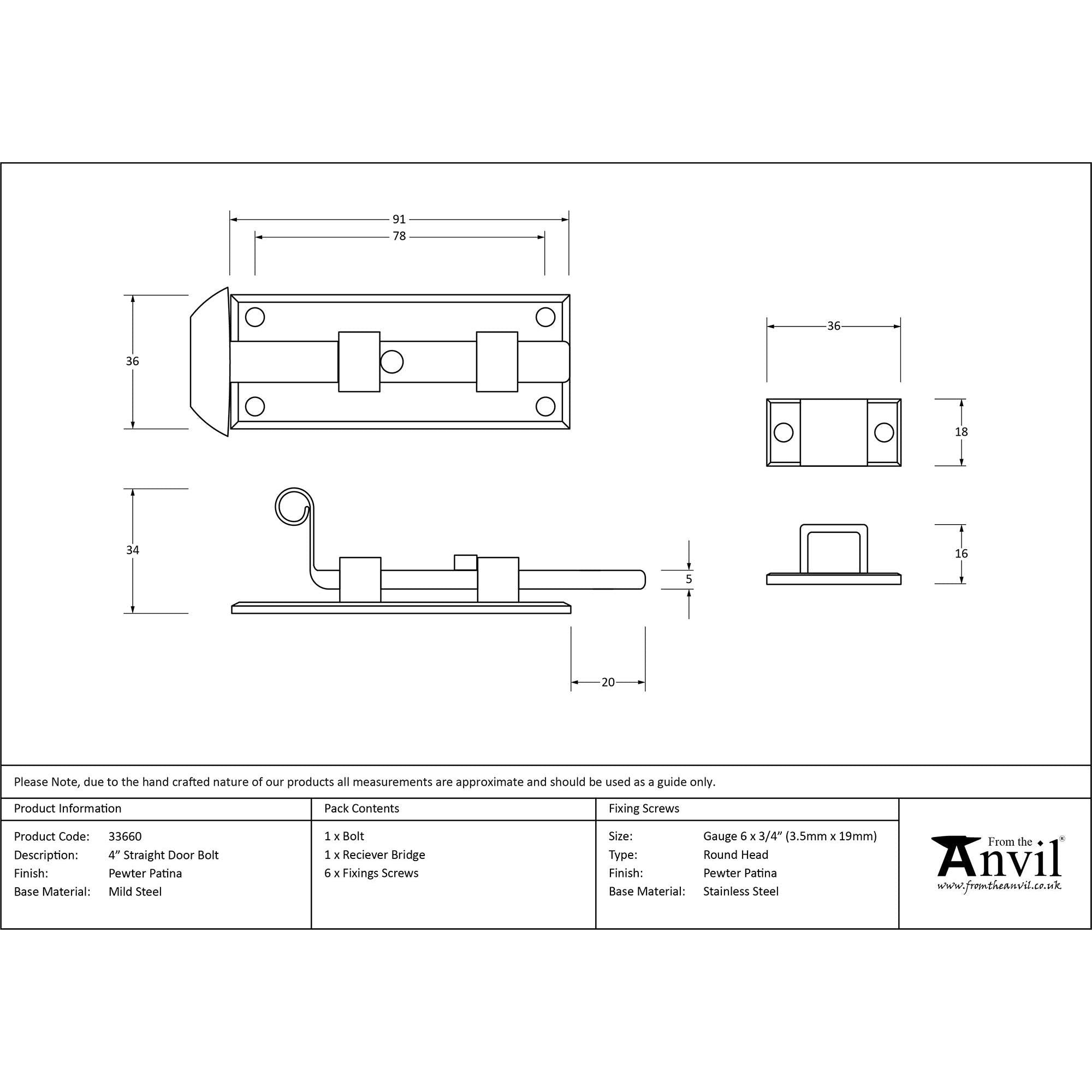 Pewter 4" Straight Door Bolt | From The Anvil - Bolts - From The Anvil - Yester Home