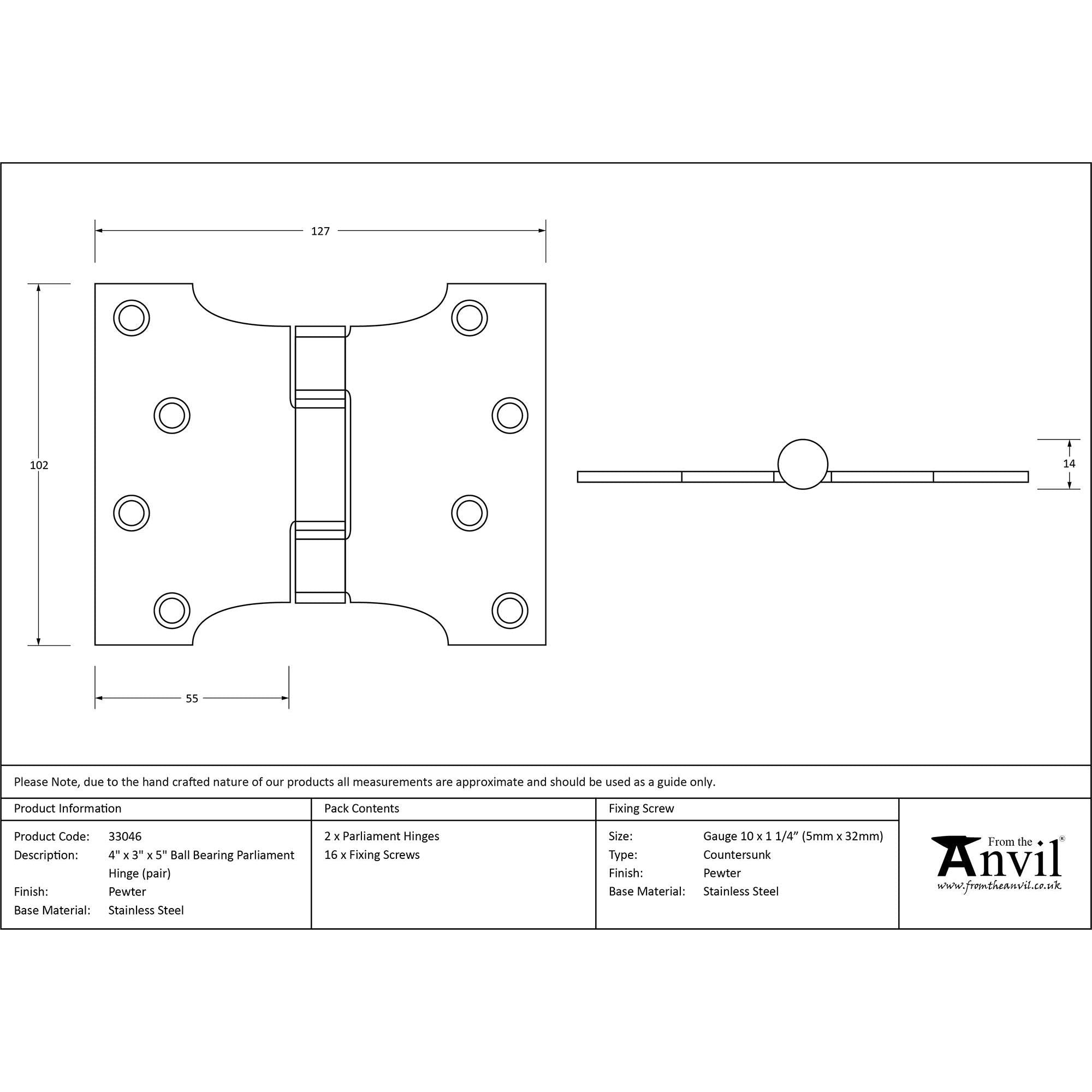 Pewter 4" x 3" x 5" Parliament Hinge (pair) ss | From The Anvil - Parliament Hinges - From The Anvil - Yester Home