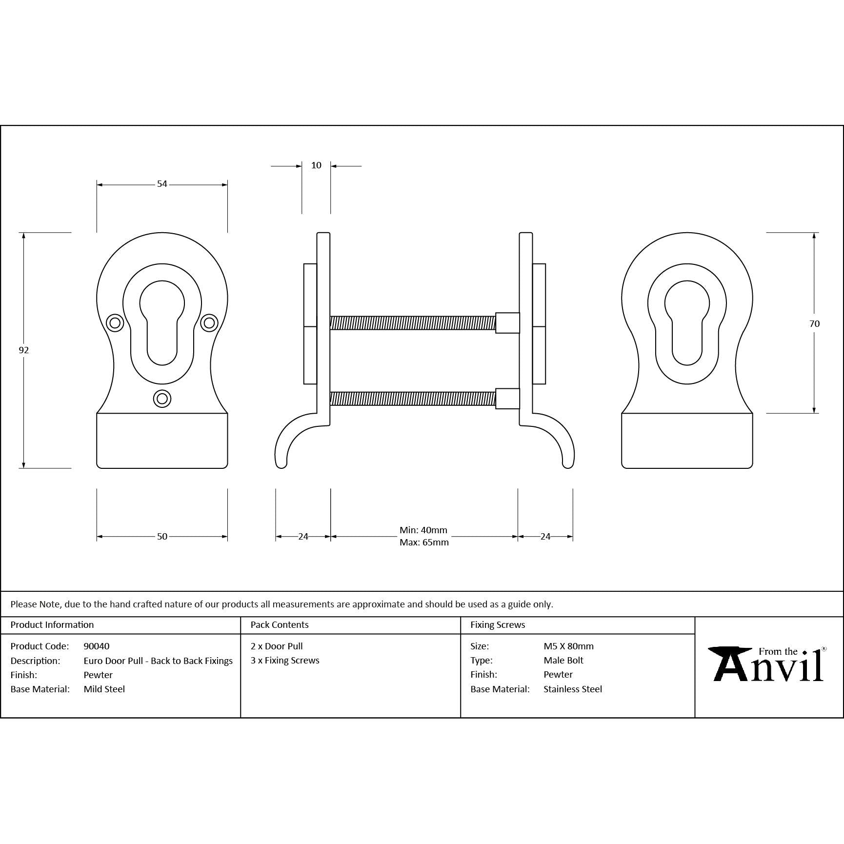 Pewter 50mm Euro Door Pull (Back to Back fixings) | From The Anvil - Euro Pulls - From The Anvil - Yester Home