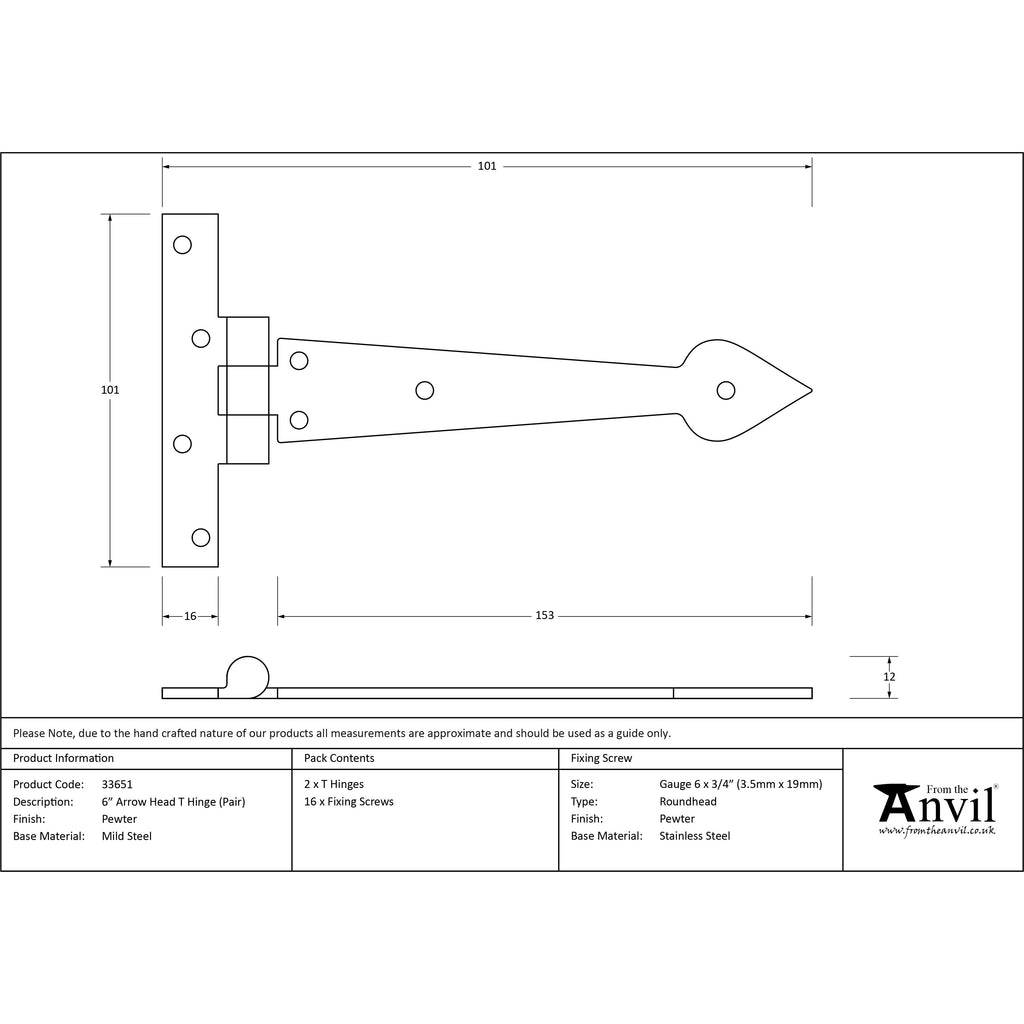 Pewter 6" Arrow Head T Hinge (pair) | From The Anvil