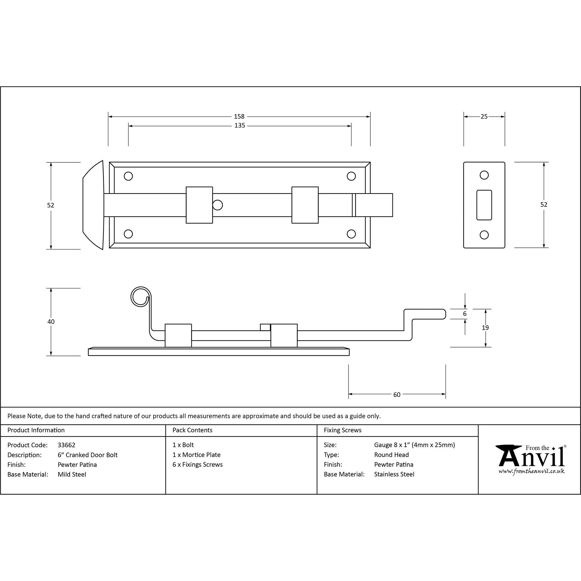 Pewter 6" Cranked Door Bolt | From The Anvil - Bolts - From The Anvil - Yester Home