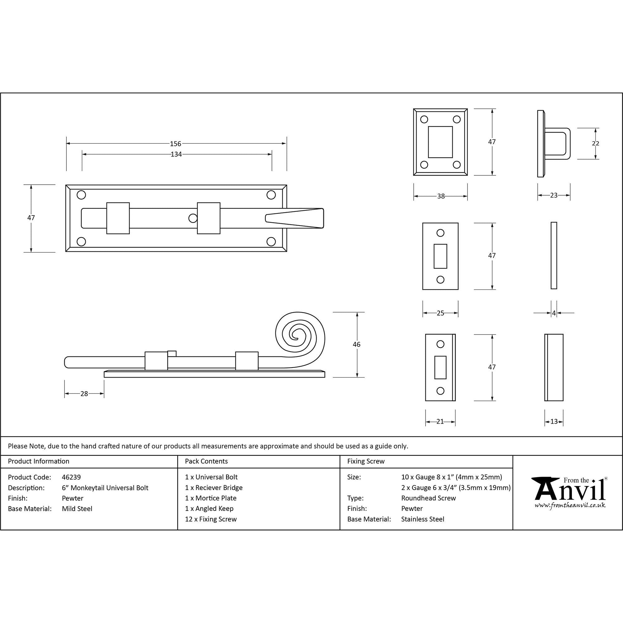 Pewter 6" Monkeytail Universal Bolt | From The Anvil - Bolts - From The Anvil - Yester Home