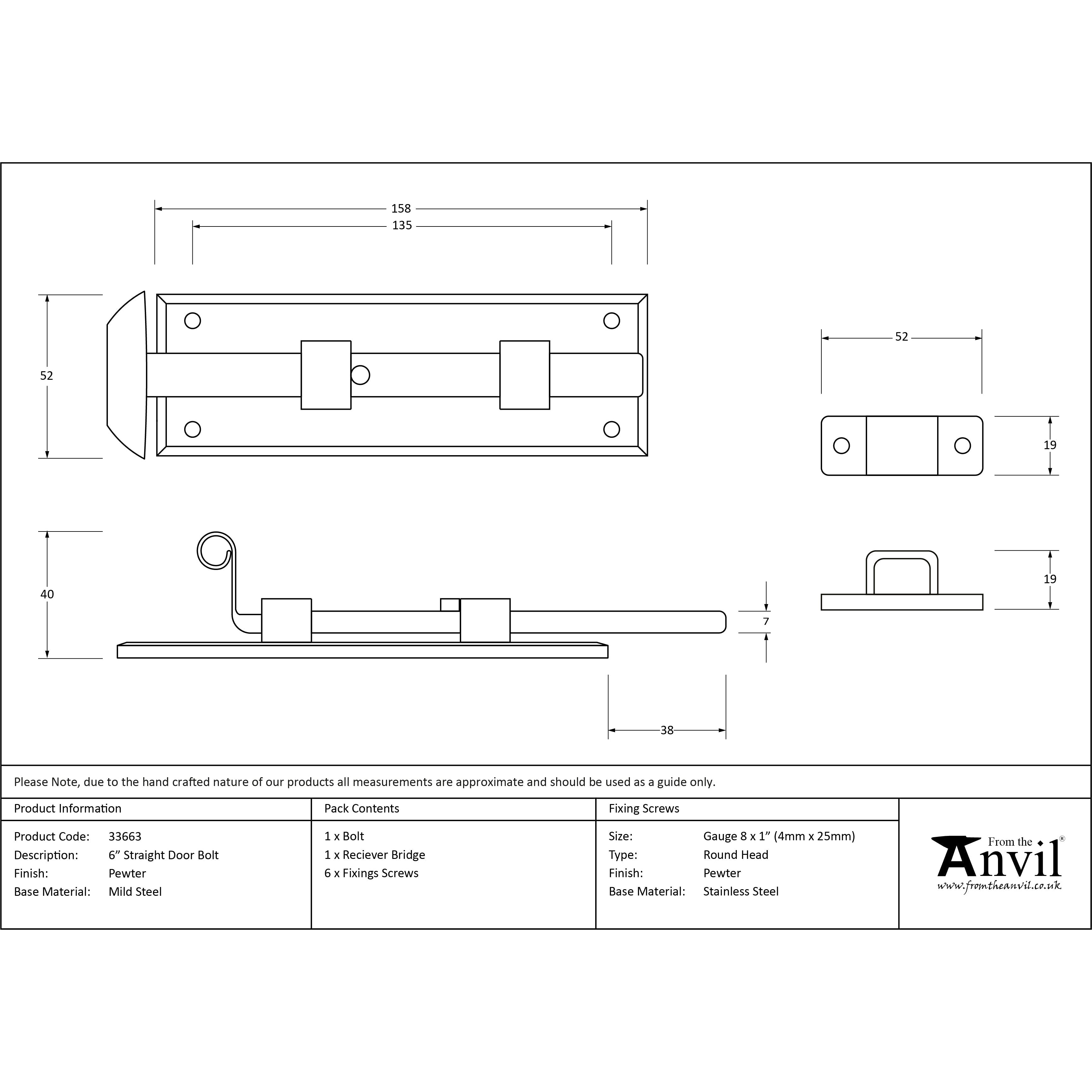Pewter 6" Straight Door Bolt | From The Anvil-Bolts-Yester Home