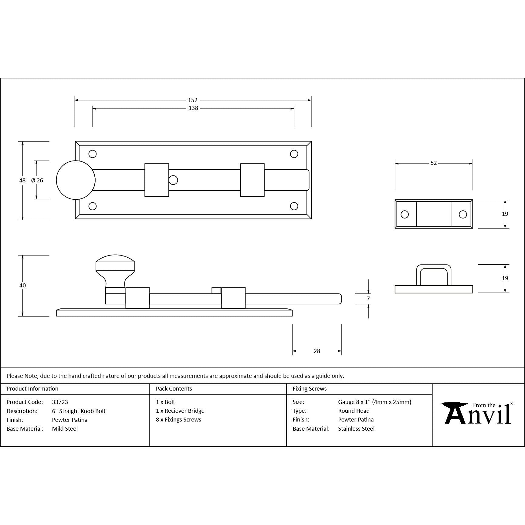 Pewter 6" Straight Knob Bolt | From The Anvil - Bolts - From The Anvil - Yester Home