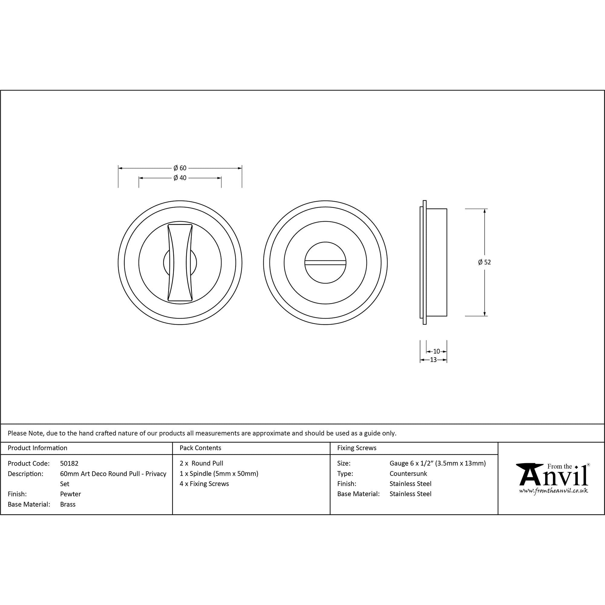 Pewter 60mm Art Deco Round Pull - Privacy Set | From The Anvil - Cabinet Pulls - From The Anvil - Yester Home
