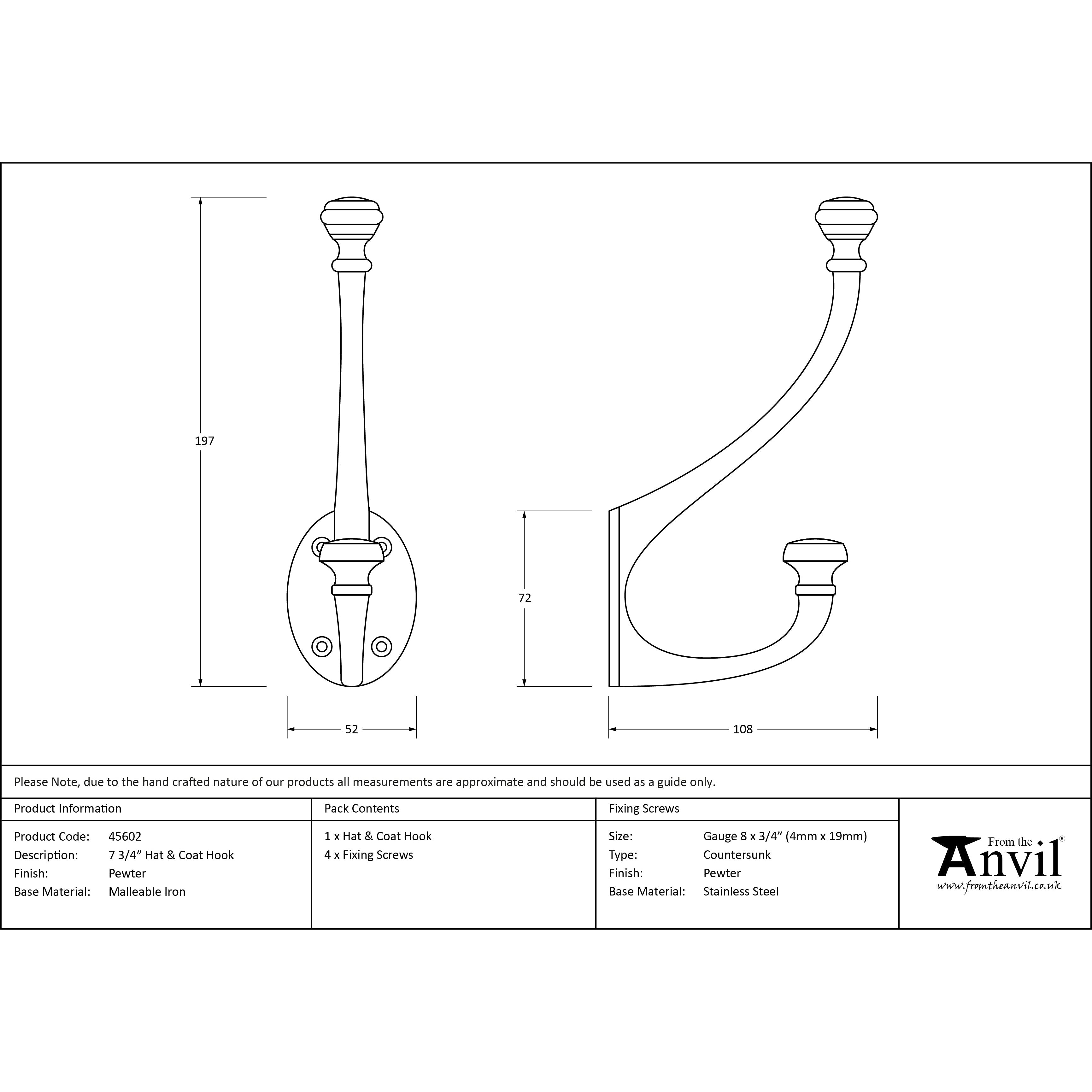 Pewter 7 3/4" Hat & Coat Hook | From The Anvil-Coat Hooks-Yester Home
