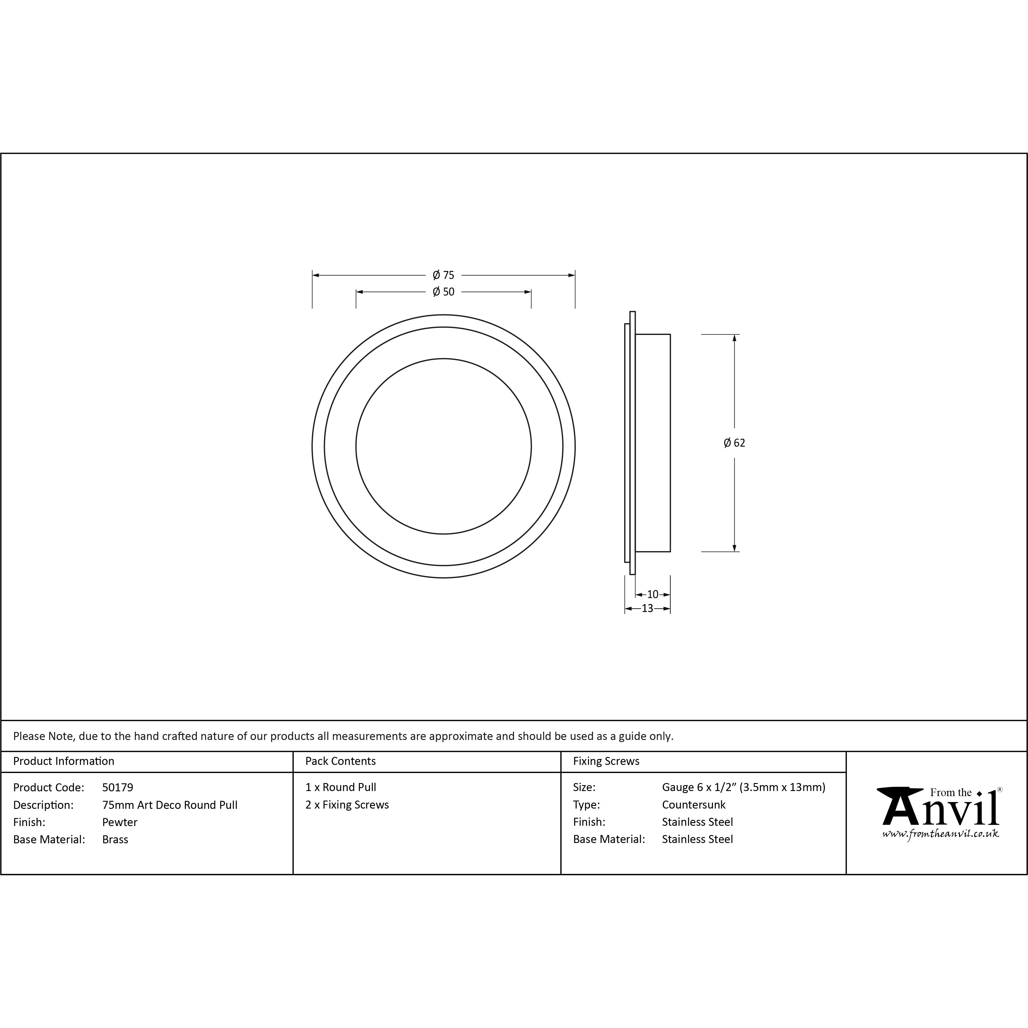 Pewter 75mm Art Deco Round Pull | From The Anvil-Cabinet Pulls-Yester Home