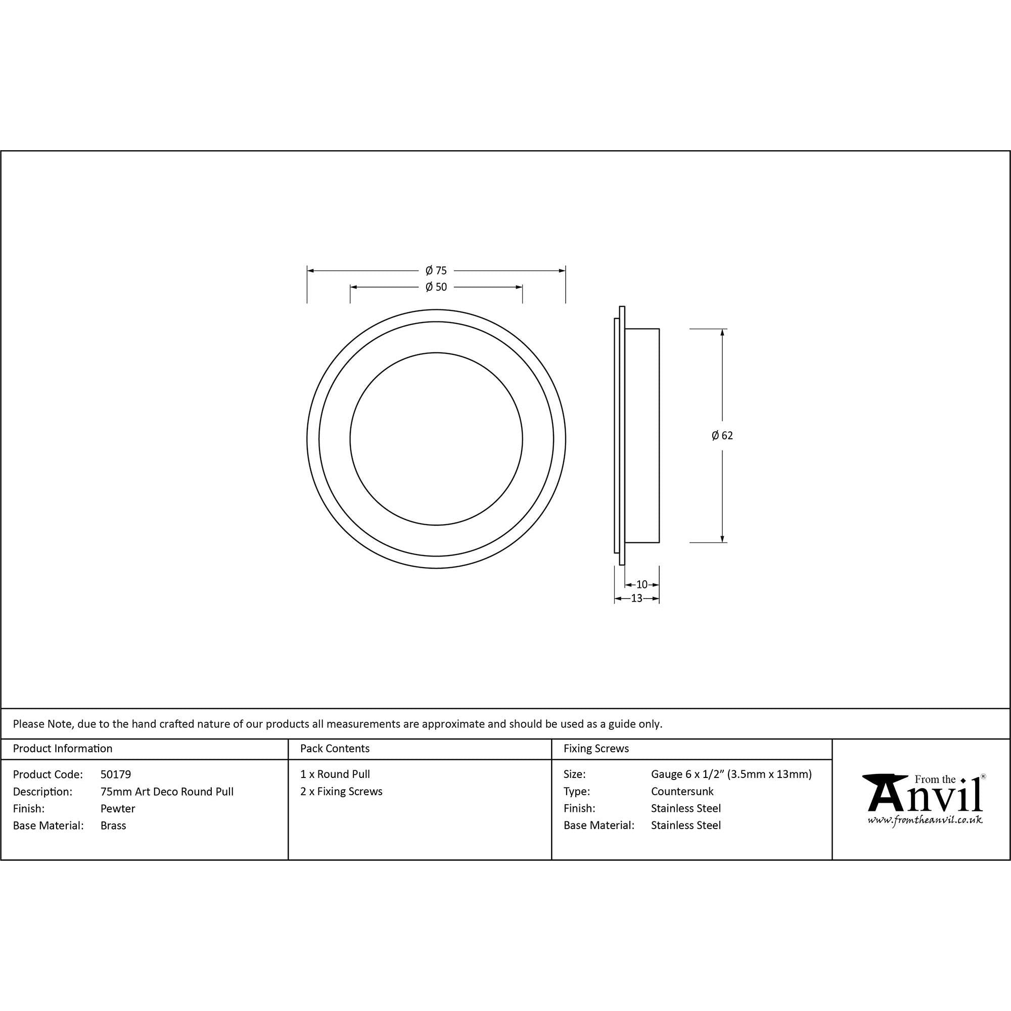 Pewter 75mm Art Deco Round Pull | From The Anvil - Cabinet Pulls - From The Anvil - Yester Home