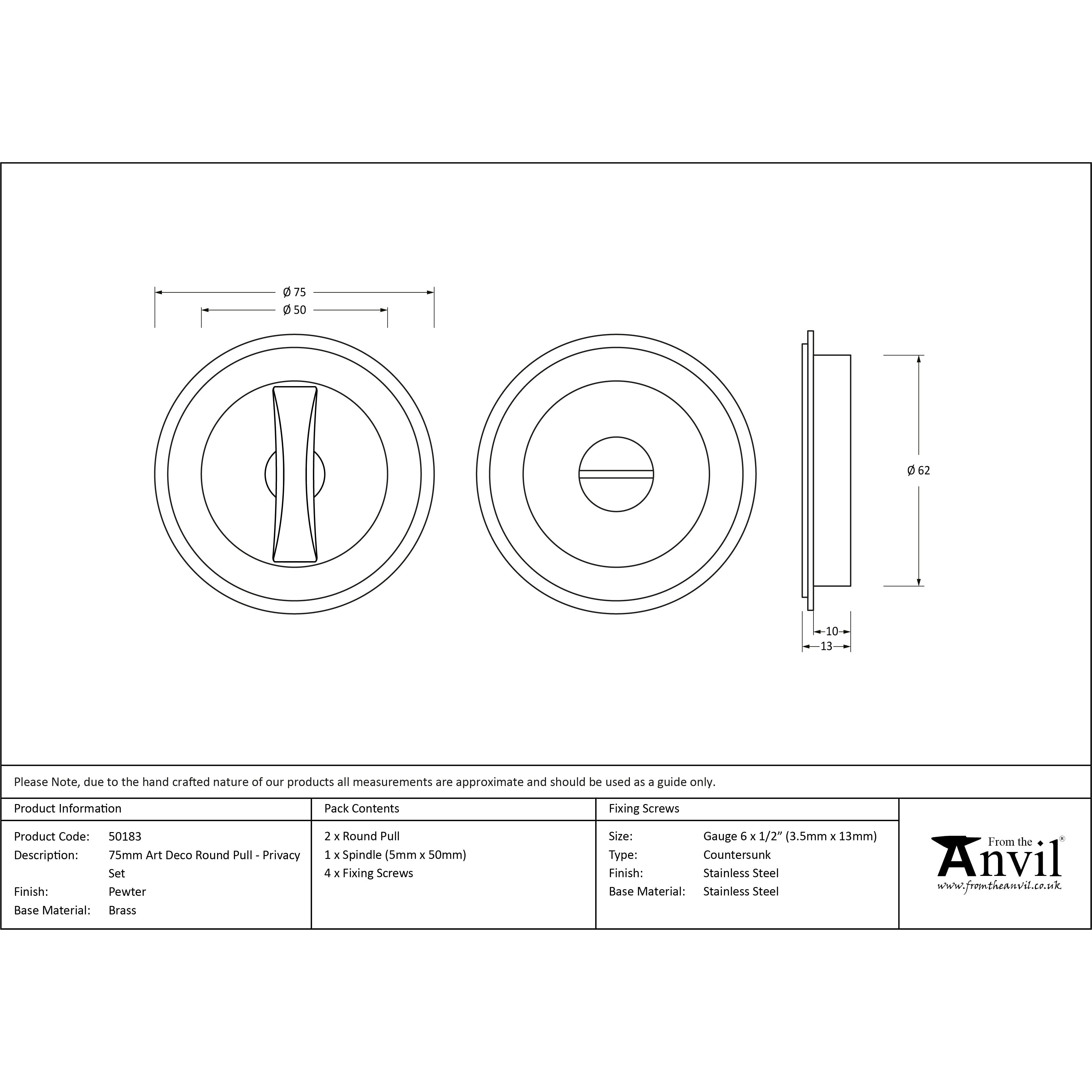 Pewter 75mm Art Deco Round Pull - Privacy Set | From The Anvil-Cabinet Pulls-Yester Home