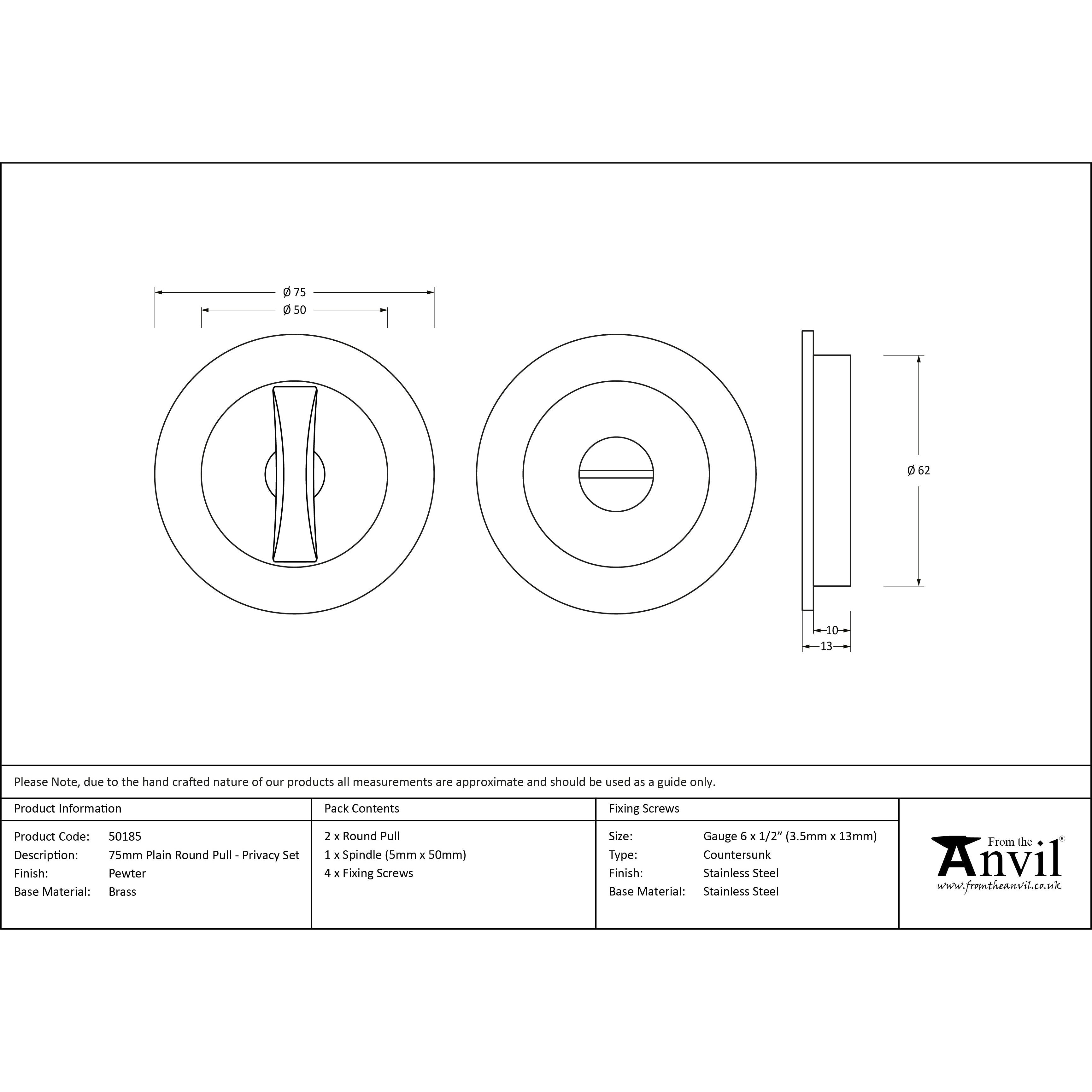 Pewter 75mm Plain Round Pull - Privacy Set | From The Anvil-Cabinet Pulls-Yester Home