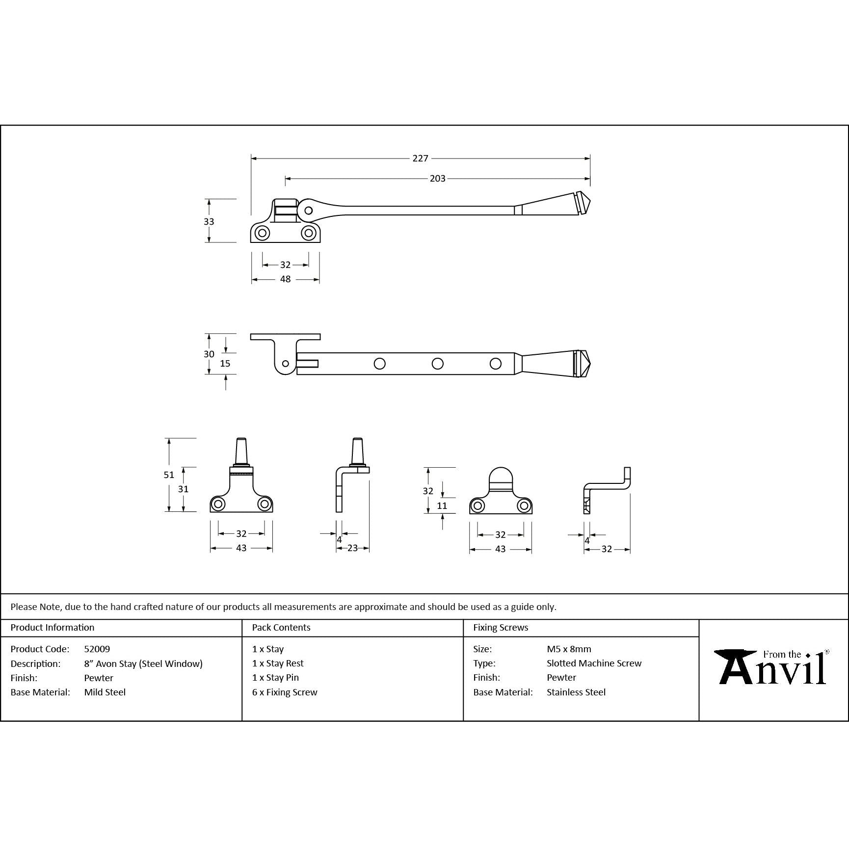 Pewter 8" Avon Stay (Steel Window) - Stays - From The Anvil - Yester Home