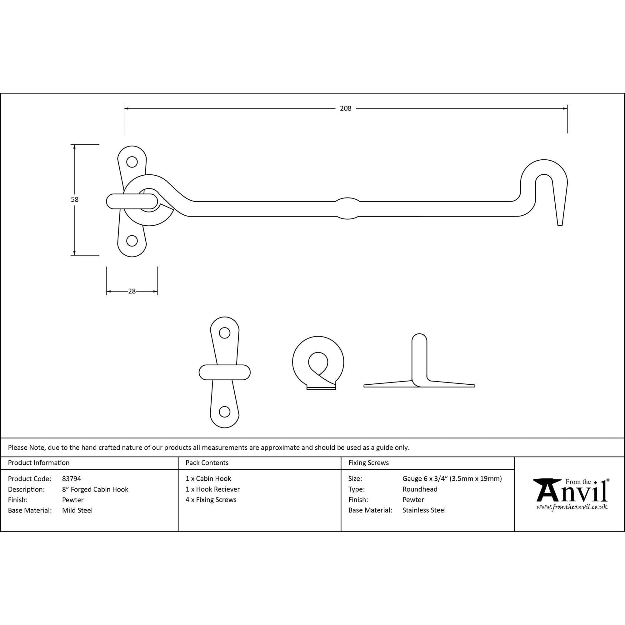 Pewter 8" Forged Cabin Hook | From The Anvil - Cabin Hooks - From The Anvil - Yester Home